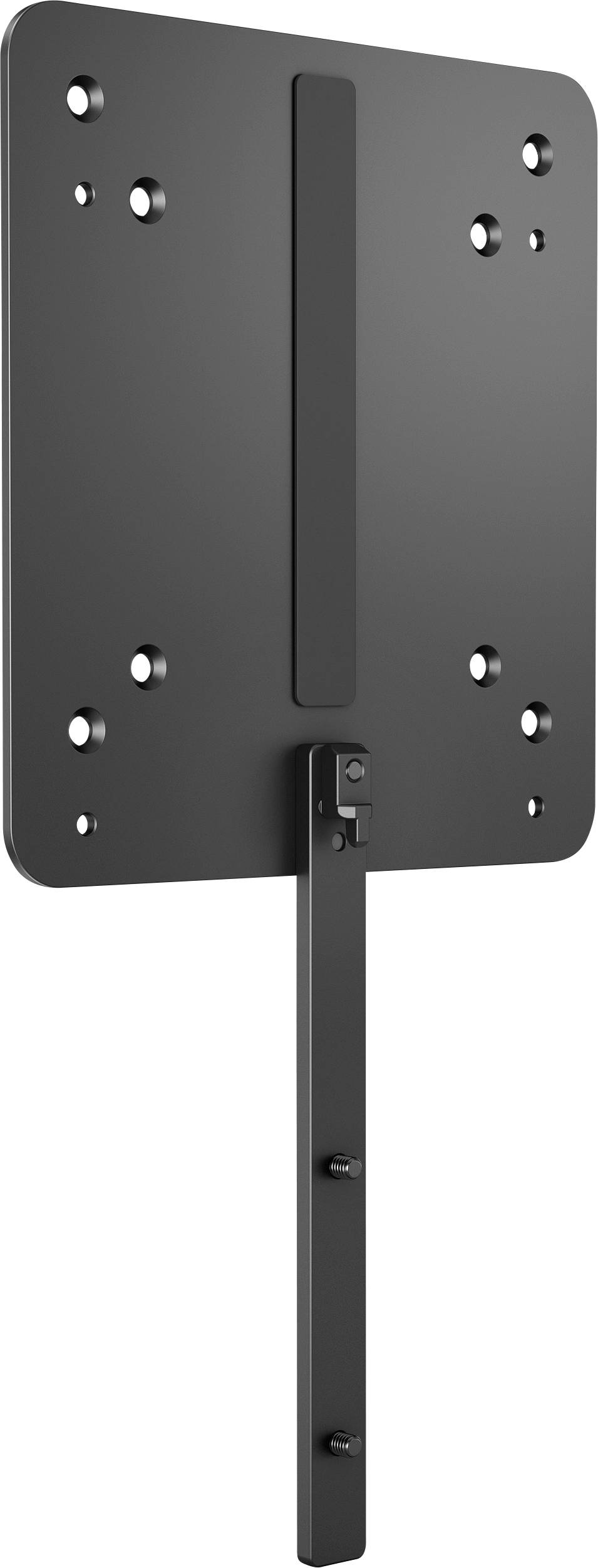 Schwarze Metallhalterung mit mehreren Lochungen und einem senkrechten Arm, geeignet für verstellbare Wand- oder TV-Befestigung.