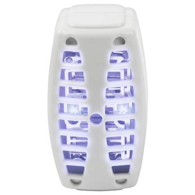 Elektrischer Mückenvernichter mit weißen, vertikalen Lamellen und blauem Licht im Innern. Ovales, kompaktes Design.
