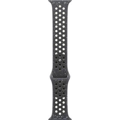 Ein Armband aus recyceltem Material mit vielen Löchern, die eine flexible Anpassung ermöglichen. Das Design ist schwarz mit grünen Sprenkeln.