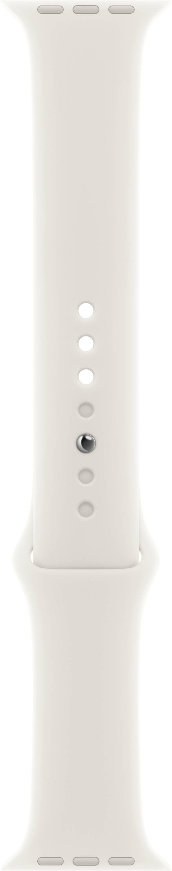 Weißes Uhrenarmband mit mehreren Einstelllöchern für unterschiedliche Handgelenkgrößen.