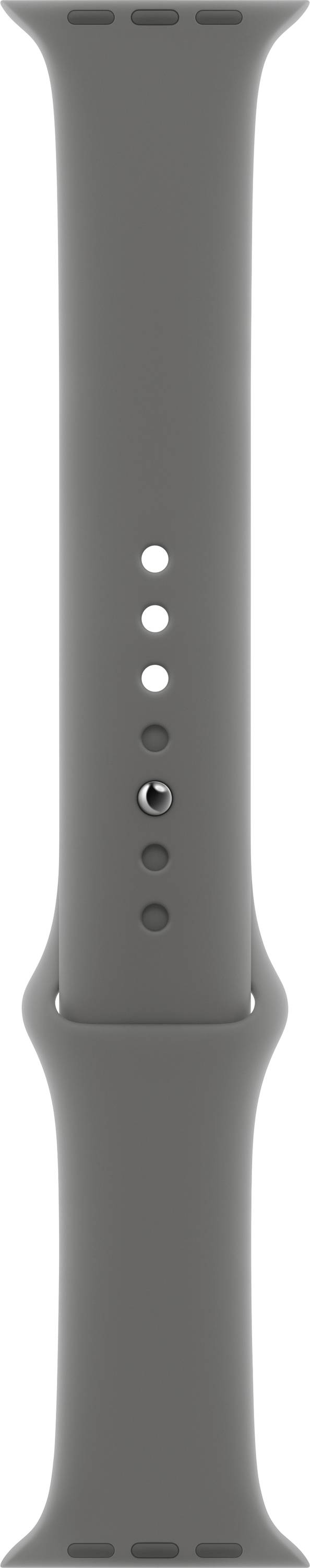 Graues Armband aus Silikon mit verstellbaren Löchern zur Anpassung der Größe, minimalistisches Design, Vorderansicht.