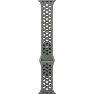 Graues Sportarmband mit runden Löchern für Belüftung, Ansicht von oben. Kunststoffmaterial, einfaches Design.