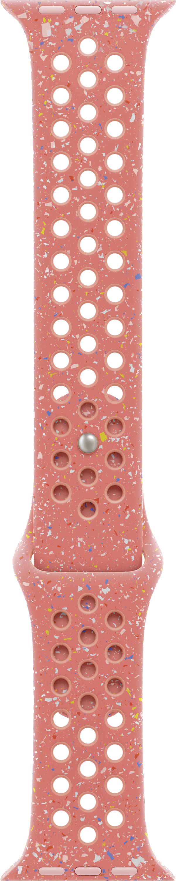 Apple Watch Armband, korallenrot mit bunten Flecken, perforiertes Design für Atmungsaktivität.