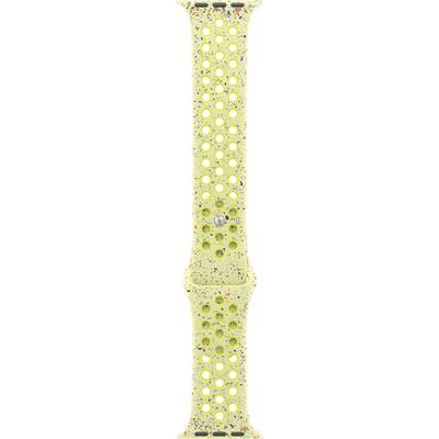 Gelbes Armband mit vielen runden Löchern. Bunte Sprenkel verzieren das Band. Geeignet für eine moderne, sportliche Uhr.