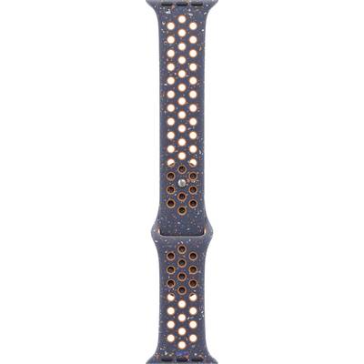 Ein dunkelgraues Armband mit orangen Akzenten und runden Löchern, passend für eine Uhr. Es hat ein gesprenkeltes Muster.