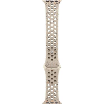 Ein beige Smartwatch-Armband mit vielen kleinen, runden Löchern und bunten Farbspritzern, geeignet für sportliche Aktivitäten.