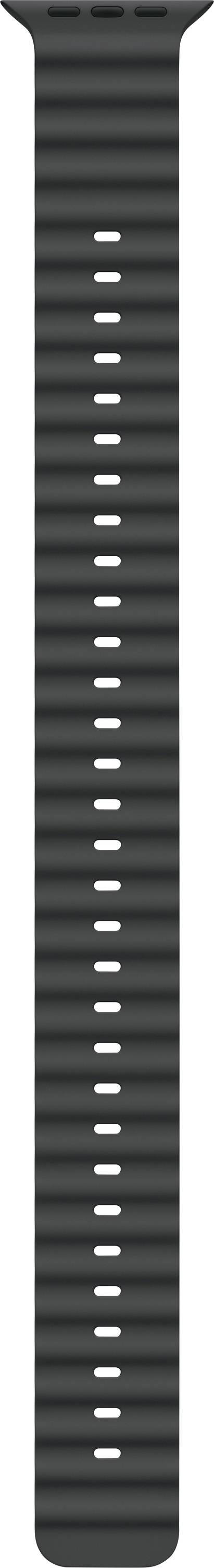 Schwarzes, geripptes Armband mit vertikaler Reihe von Löchern, passend für eine Smartwatch oder ein Fitnessarmband.