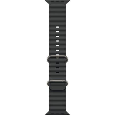 Schwarzes, strukturiertes Uhrenarmband mit mehreren Löchern und zwei Metallschlaufen zur Anpassung der Größe.