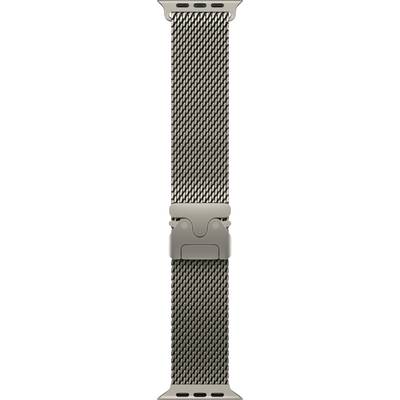 Ein Armband aus gewebtem Material in Grau, passend für eine Smartwatch. Es zeigt ein verschlungenes Muster und eine Metallschließe oben.