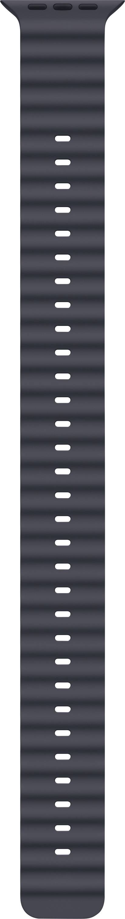 Schwarzes, geripptes Uhrenarmband mit mehreren weißen Löchern in der Mitte zur Anpassung der Größe.