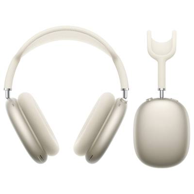 Kabellose Kopfhörer in Beige, frontal und seitlich abgebildet, mit glatter Oberfläche und gepolstertem Bügel.