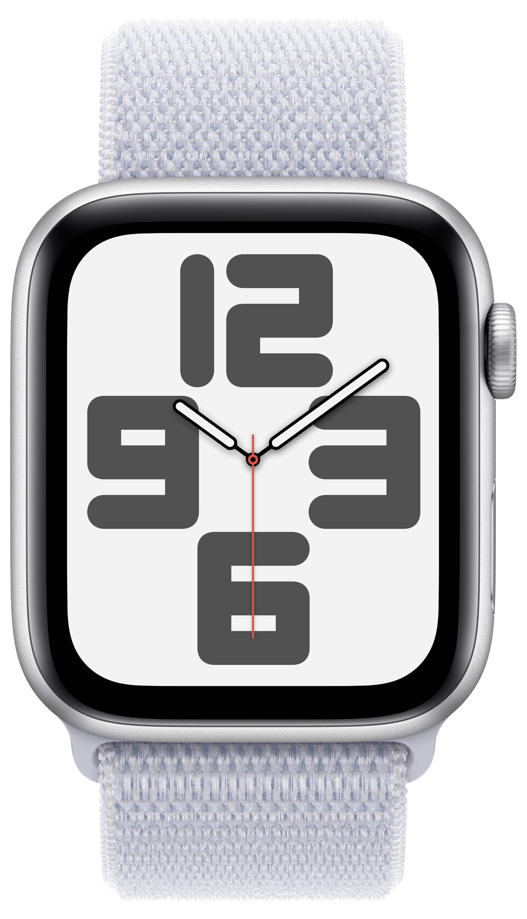 Digitale Armbanduhr mit großem Ziffernblatt und grauen Zahlen, weißer Hintergrund, rote Sekunden- und schwarze Minuten- und Stundenzeiger.