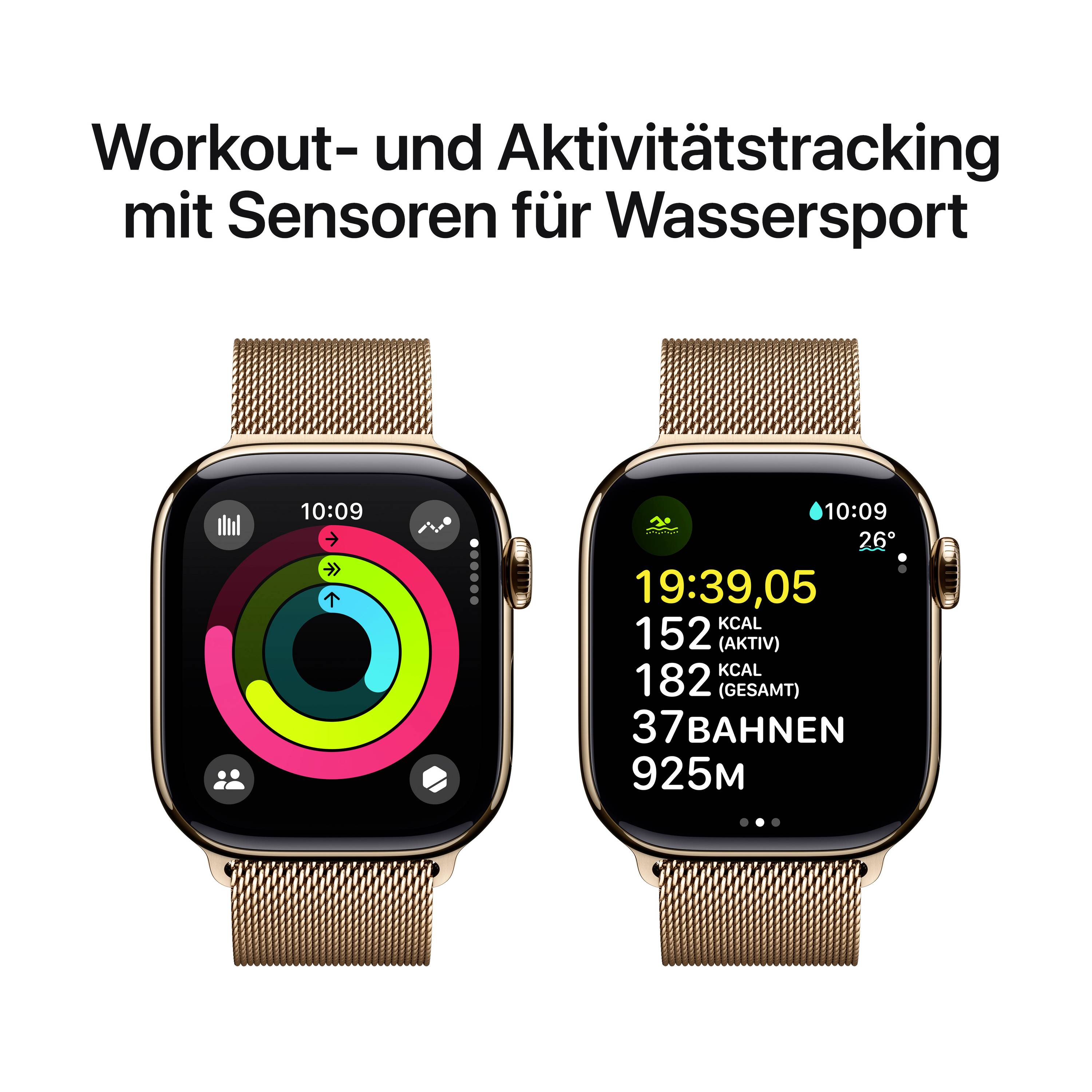 Zwei Smartwatches zeigen Fitnessdaten: Links Aktivitätsringe, rechts Schwimmdistanz und Kalorien. Text oben: 'Workout- und Aktivitätstracking mit Sensoren für Wassersport'.