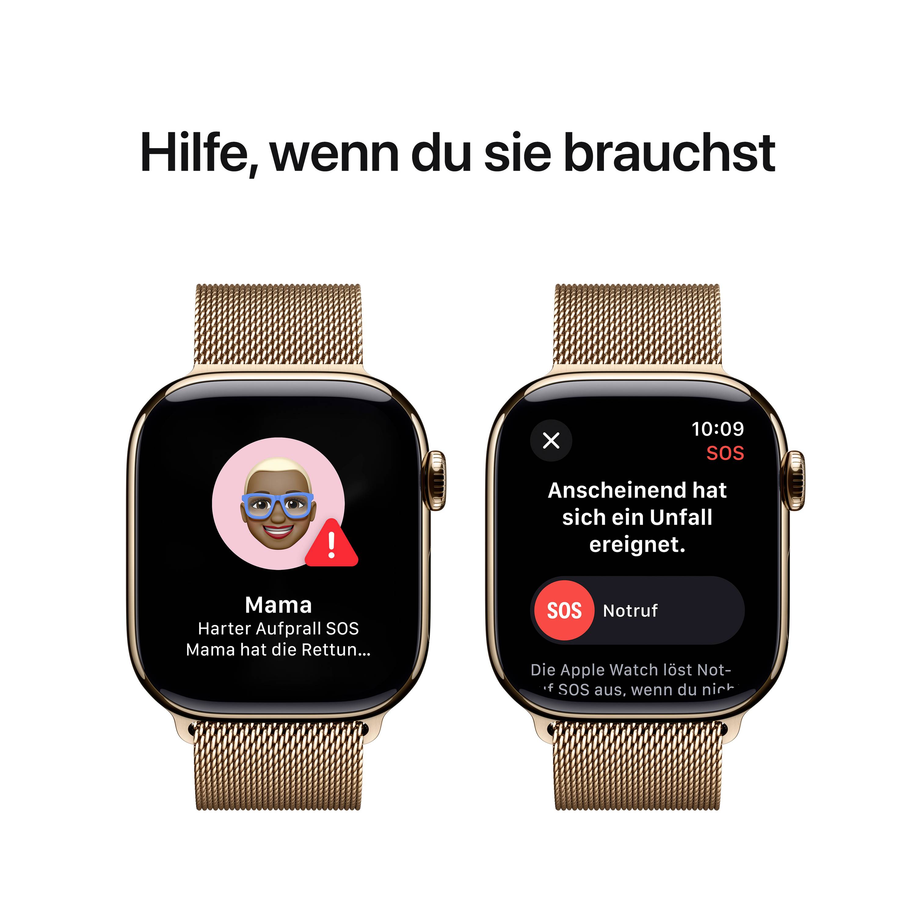 Zwei Smartwatches mit SOS-Benachrichtigungen, die eine Notfallmeldung und eine Kontaktperson anzeigen. Text darüber: 'Hilfe, wenn du sie brauchst'.