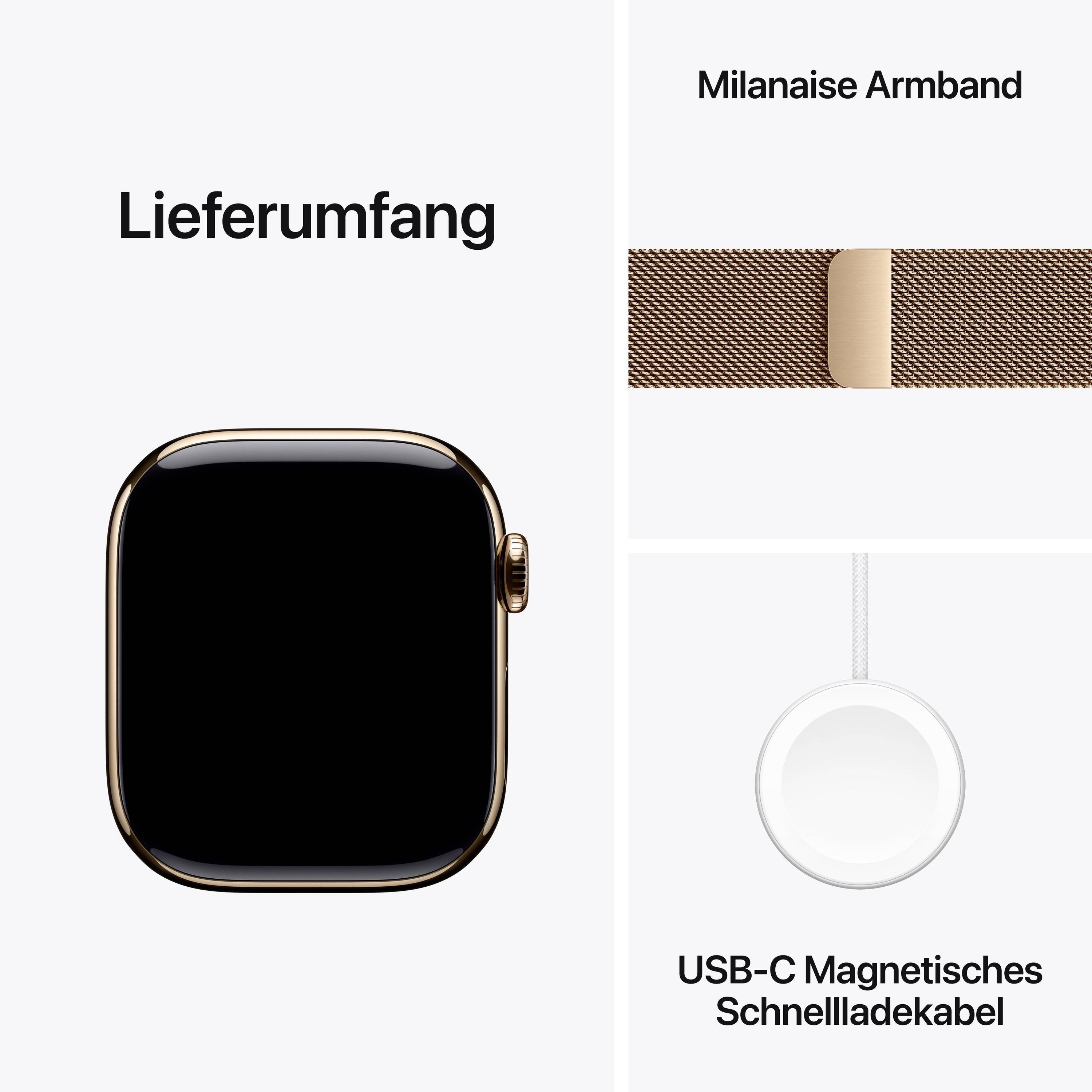 'Lieferumfang' zeigt eine Smartwatch, ein Mailänder Armband und ein USB-C Magnetisches Schnellladekabel.