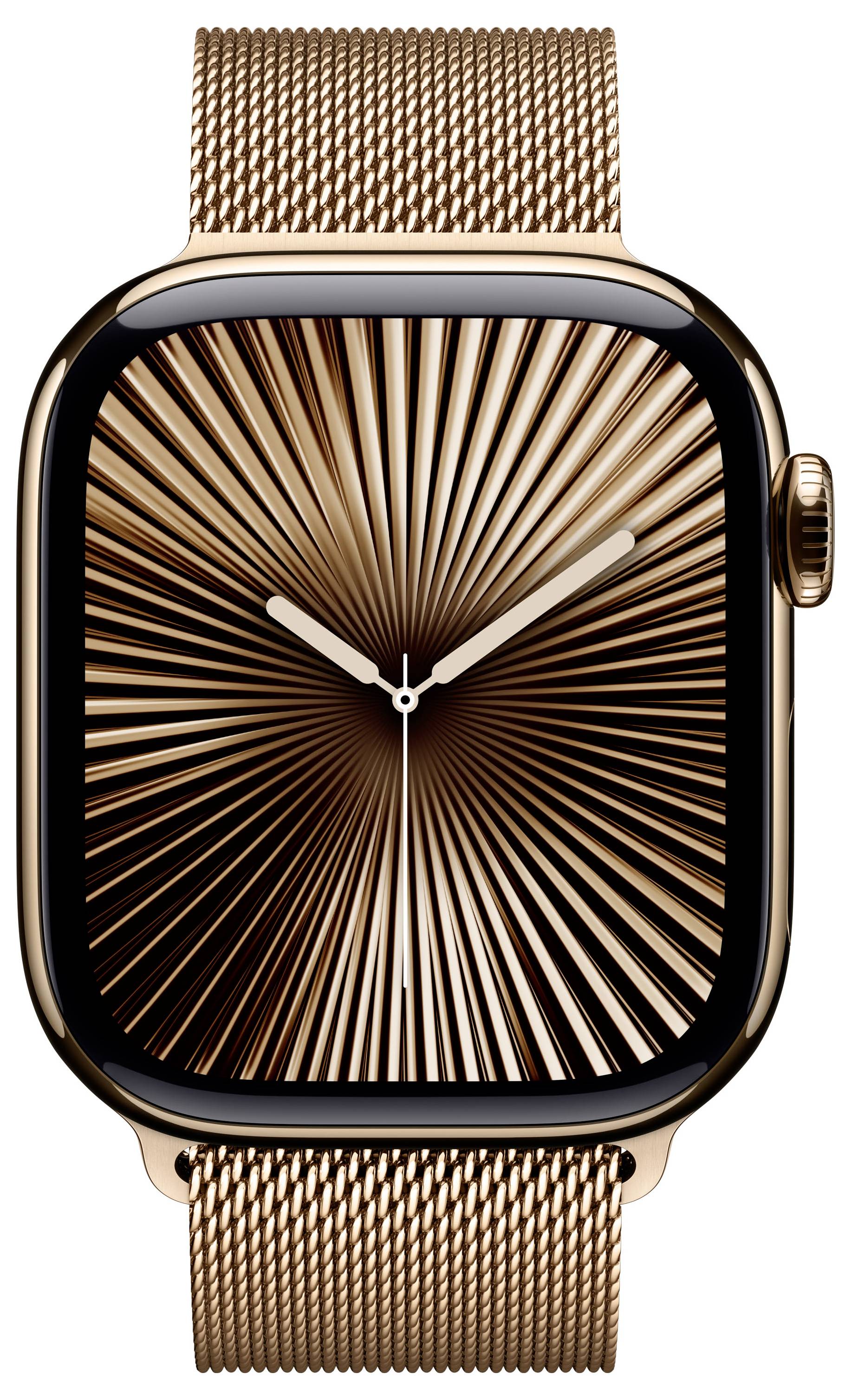 Goldene Smartwatch mit Schmuckarmband. Zifferblatt zeigt ein strahlenförmiges Muster und klassische Uhrzeiger. Modernes Design.