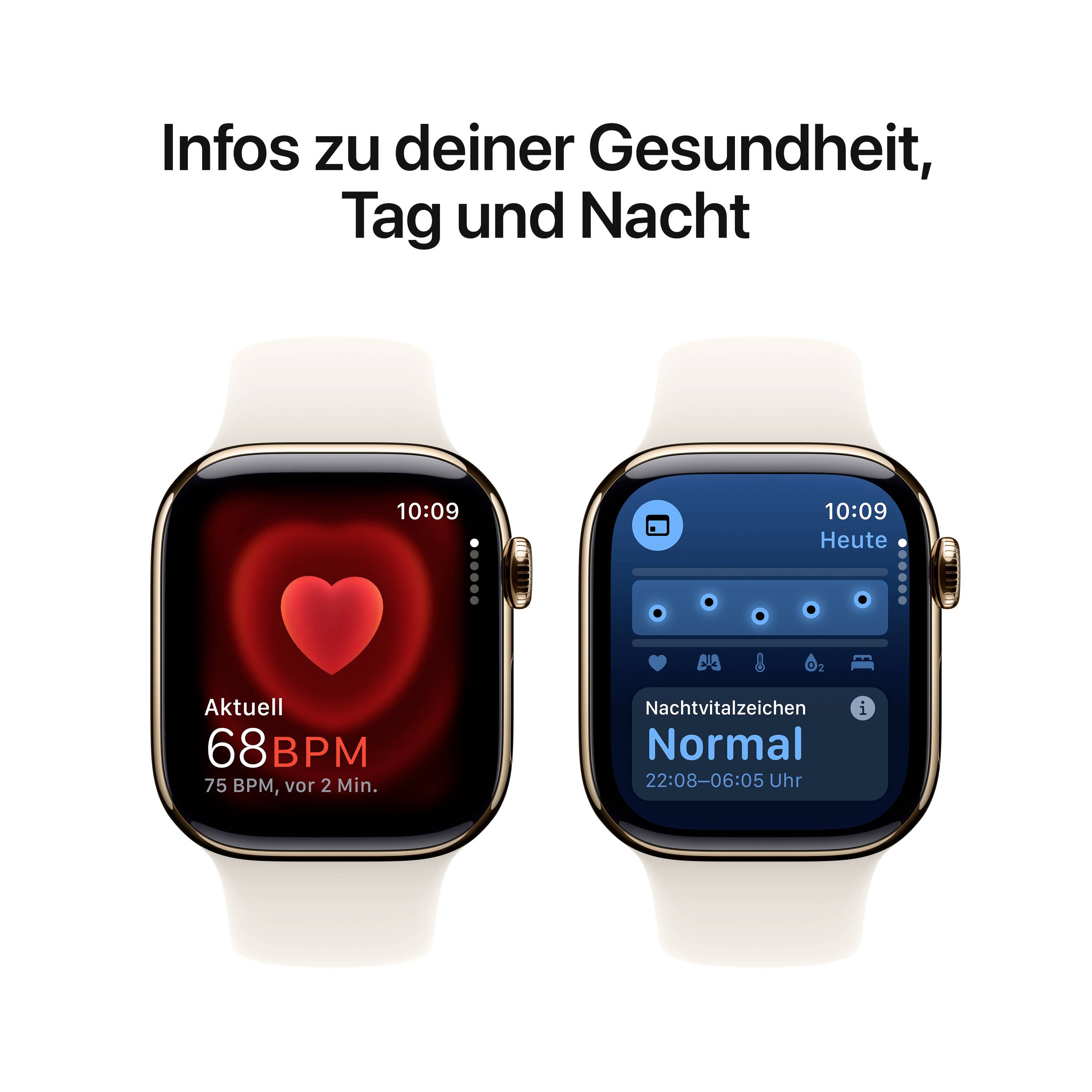 Zwei Smartwatches. Links: Herzfrequenzanzeige mit rotem Herz und 'Aktuell 68 BPM'. Rechts: Schlafüberwachung 'Normal'. Text oben: 'Infos zu deiner Gesundheit, Tag und Nacht'.