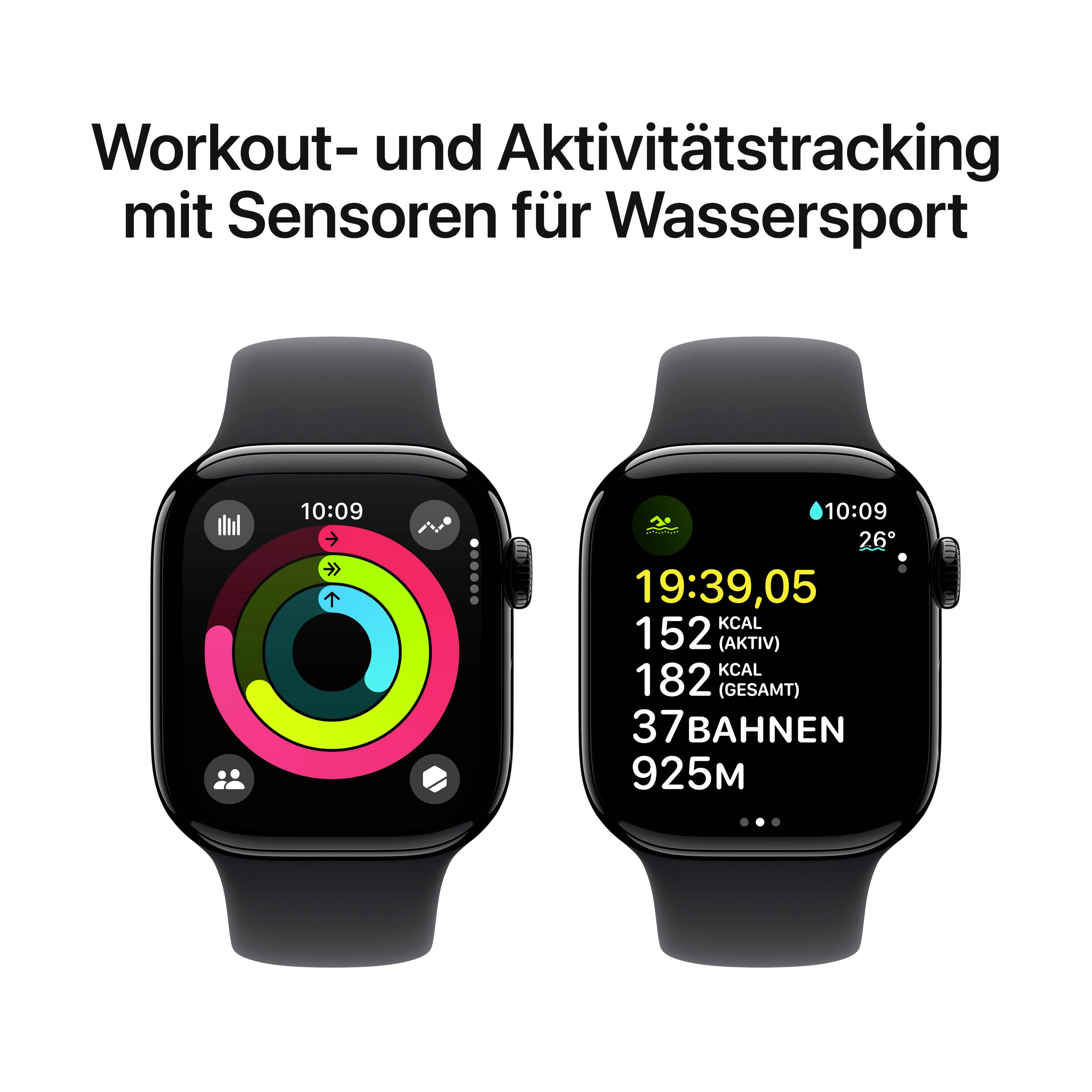 Zwei Smartwatch-Displays zeigen Workout- und Aktivitätsergebnisse fürs Schwimmen. Links: Kalorienzähler, rechts: Zeit und Distanz.