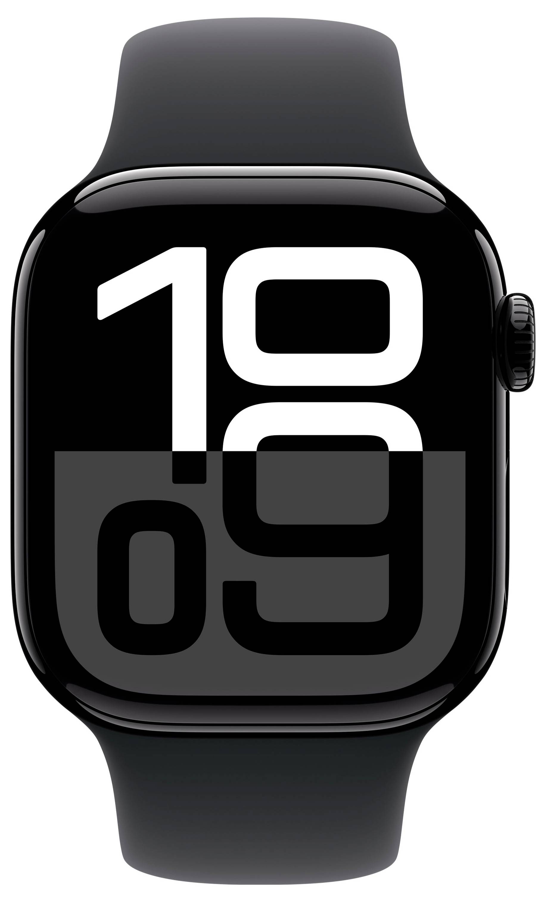 Schwarze Smartwatch mit großem digitalen Ziffernblatt zeigt die Uhrzeit '10:09'.