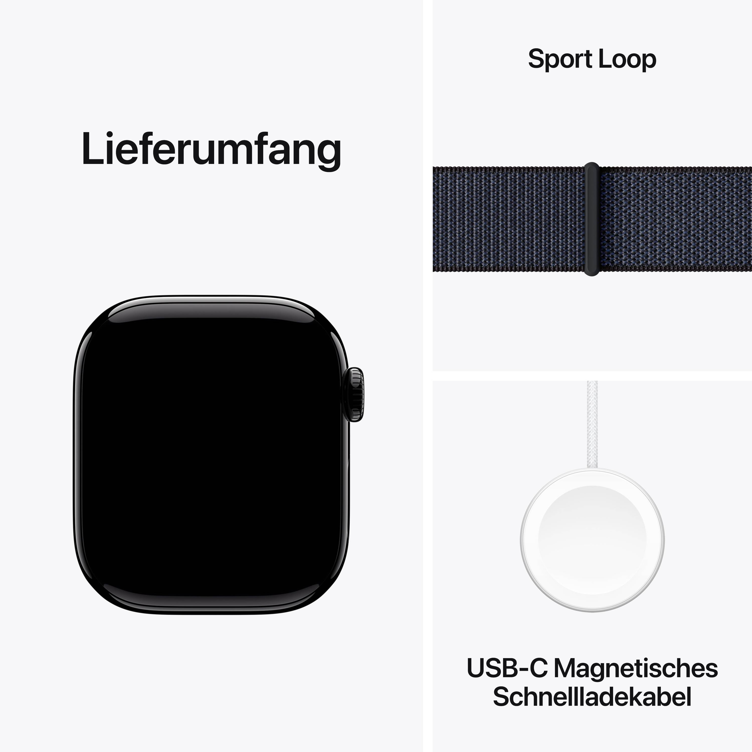 Lieferumfang einer Smartwatch mit schwarzem Gehäuse, einem Sport Loop-Armband und einem USB-C magnetischen Schnellladekabel.