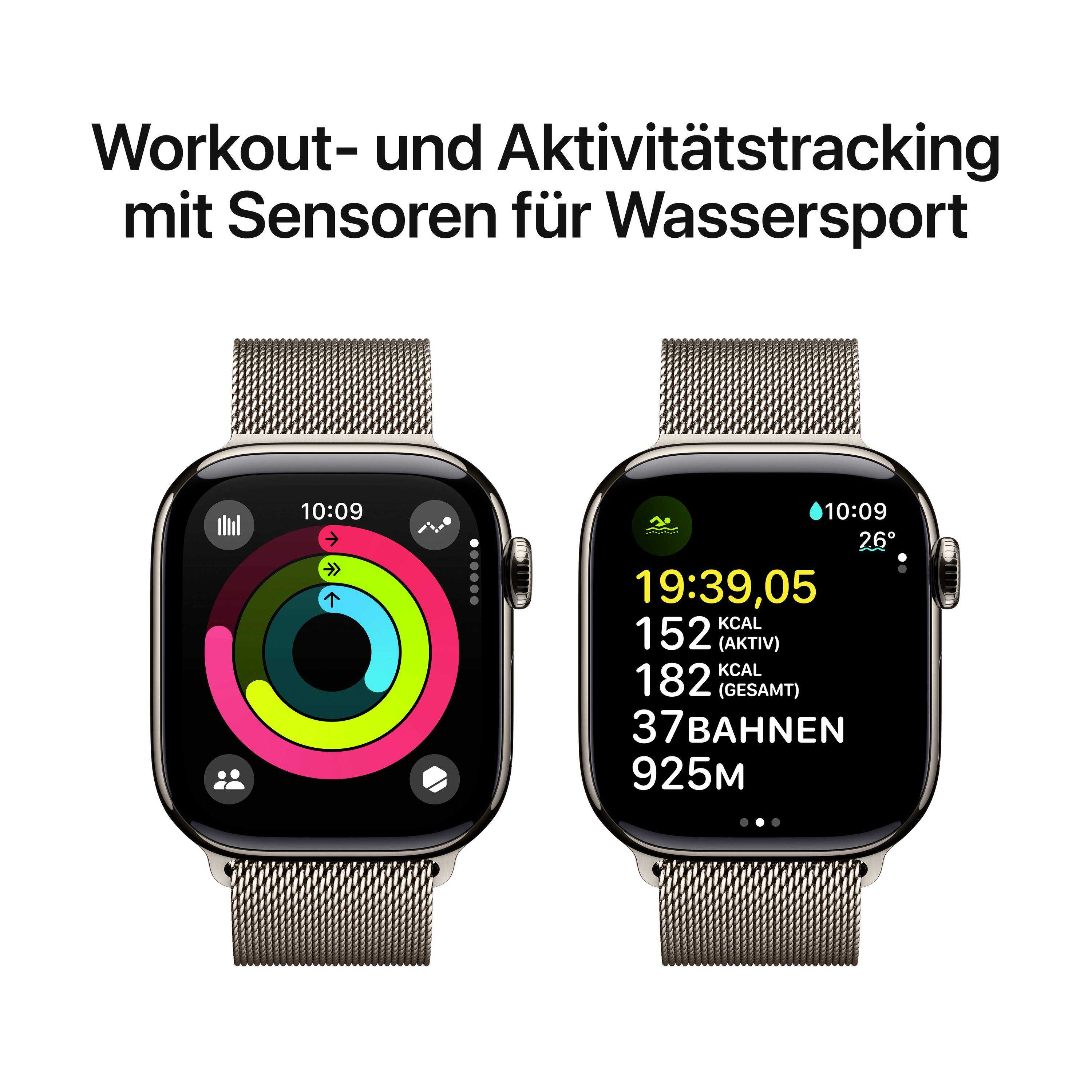 Zwei Smartwatches zeigen Fitness- und Aktivitätstracking, speziell für Wassersport, mit Ringen, Kalorien und zurückgelegter Distanz.