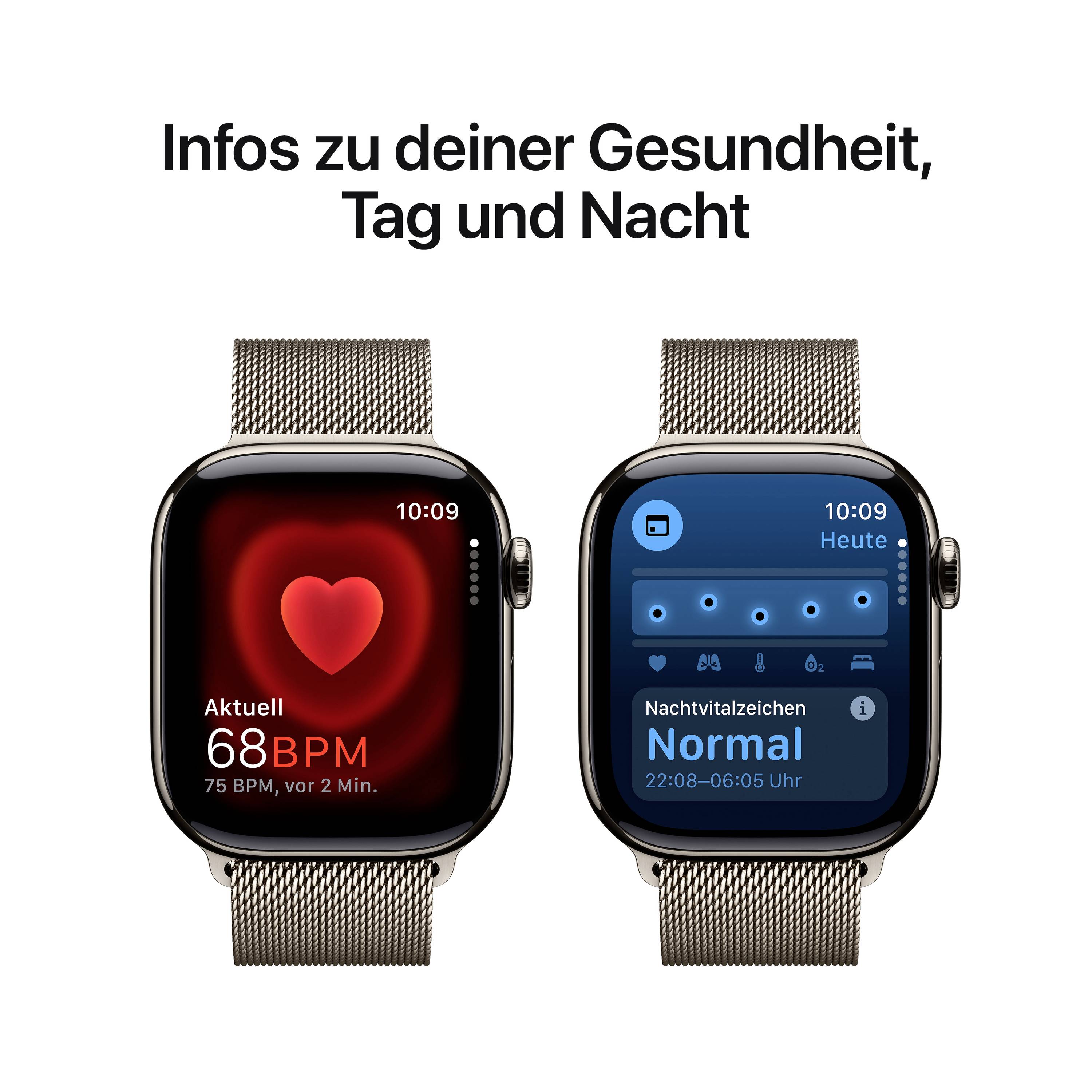 Zwei Smartwatches zeigen Gesundheitsdaten. Links: Herzfrequenz 68 BPM. Rechts: Nachtvitalzeichen als normal markiert. Text darüber: 'Infos zu deiner Gesundheit, Tag und Nacht'.