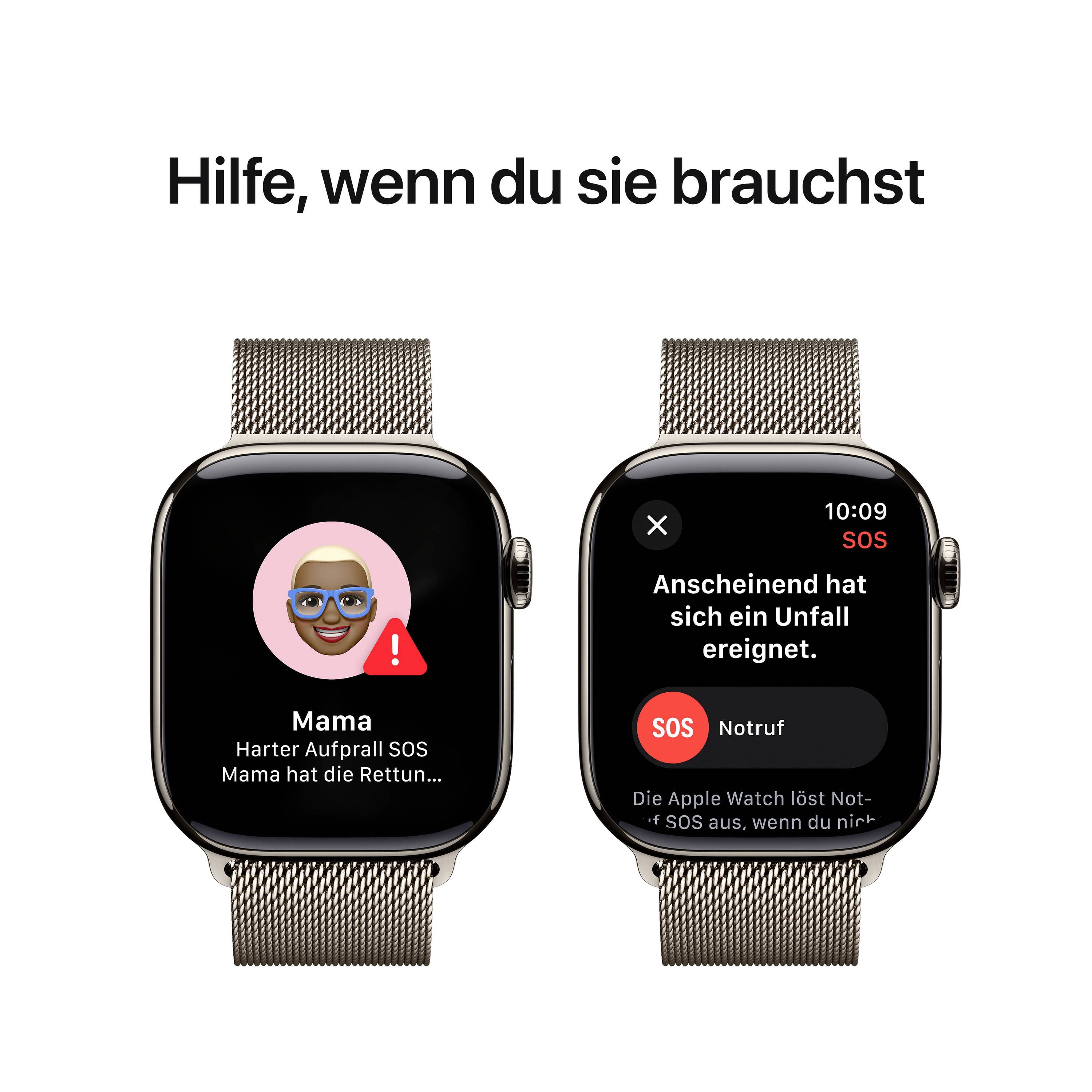 Zwei Smartwatches zeigen eine SOS-Benachrichtigung. Links: Kontakt 'Mama' mit rotem Hinweis. Rechts: Text 'Anscheinend hat sich ein Unfall ereignet.'