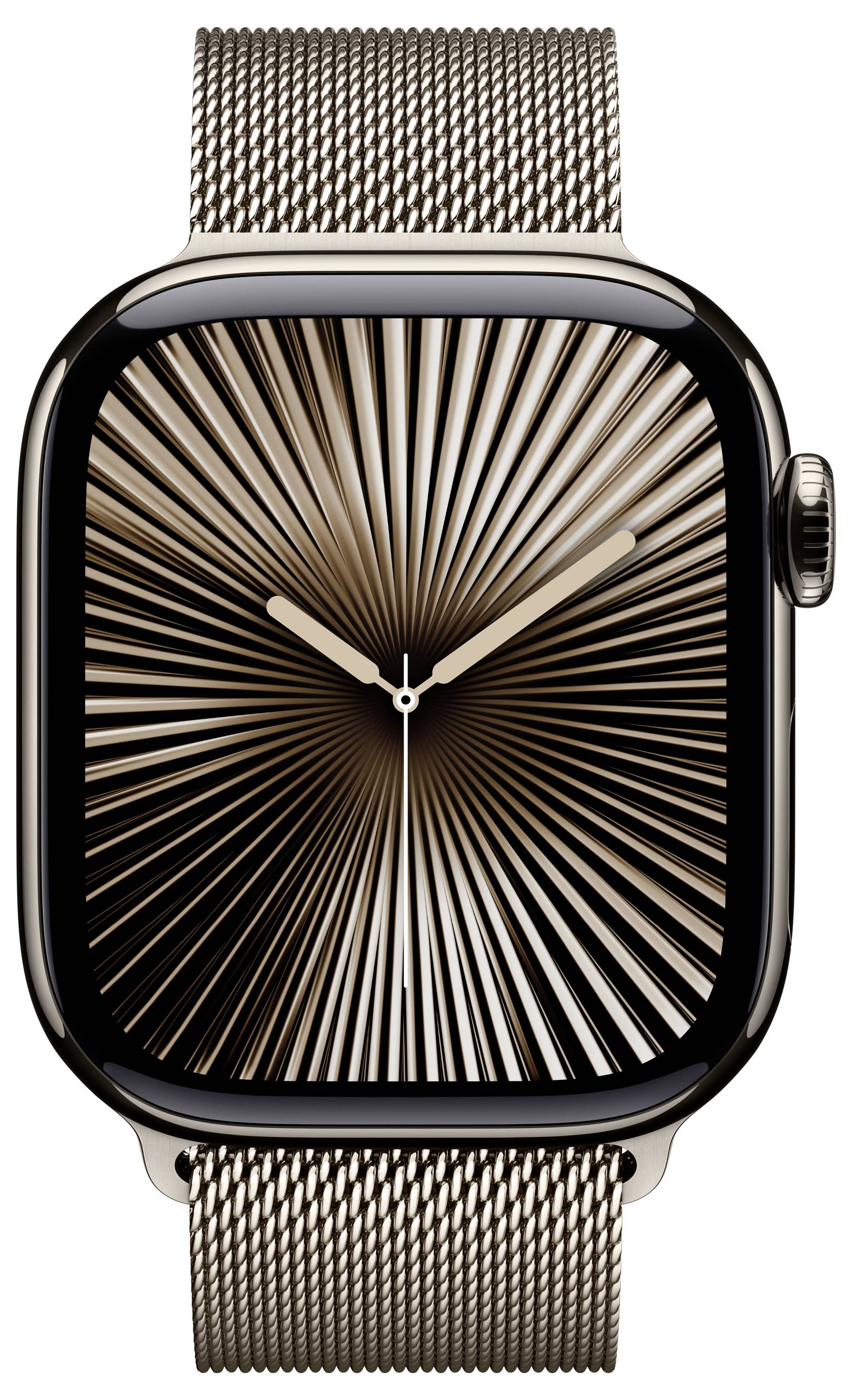 Smartwatch mit metallischem Armband, zeigt ein stilisiertes, abstraktes Zifferblatt mit radialem Muster und filigranen Zeigern.