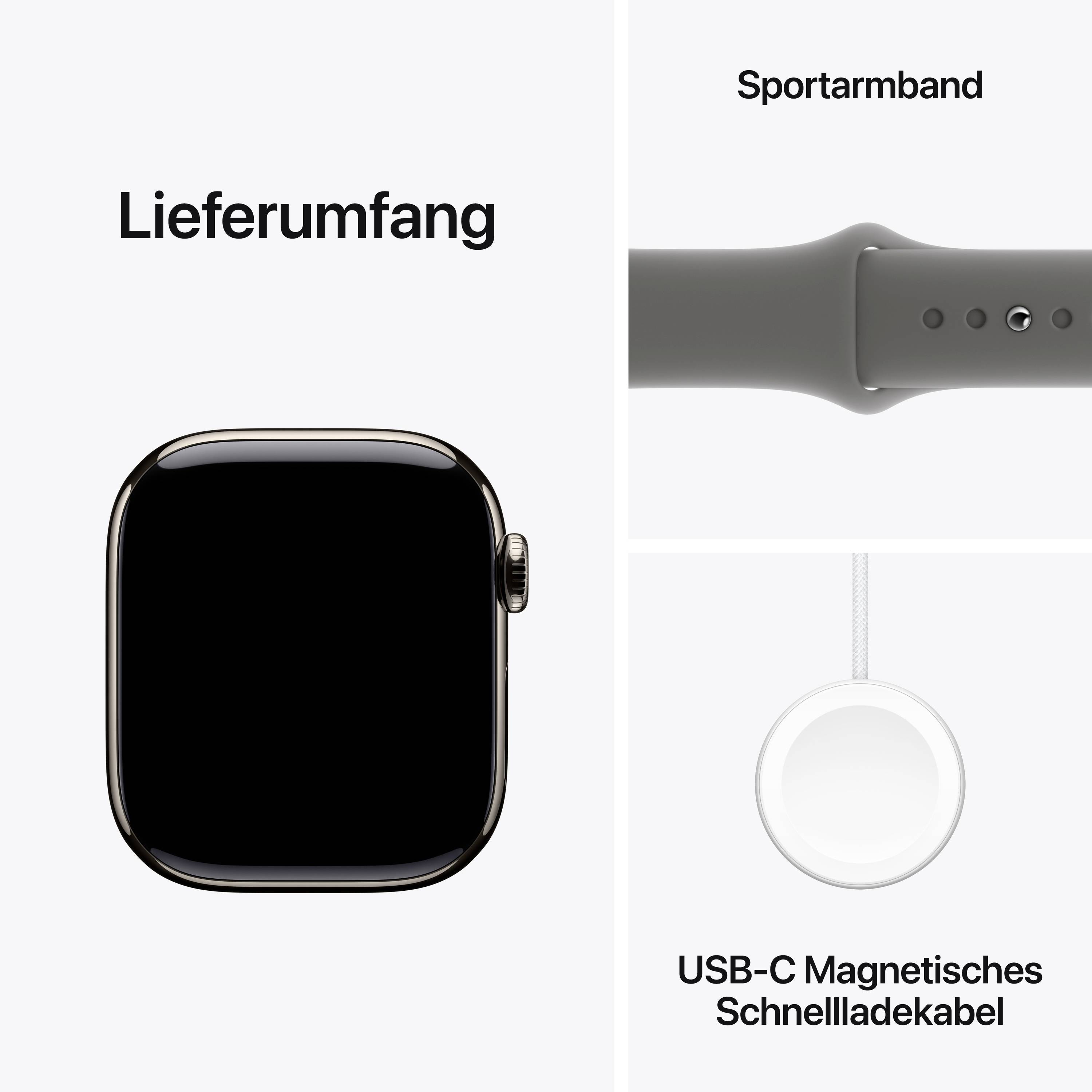Lieferumfang einer Smartwatch mit Sportarmband und USB-C Magnetisches Schnellladekabel gezeigt.