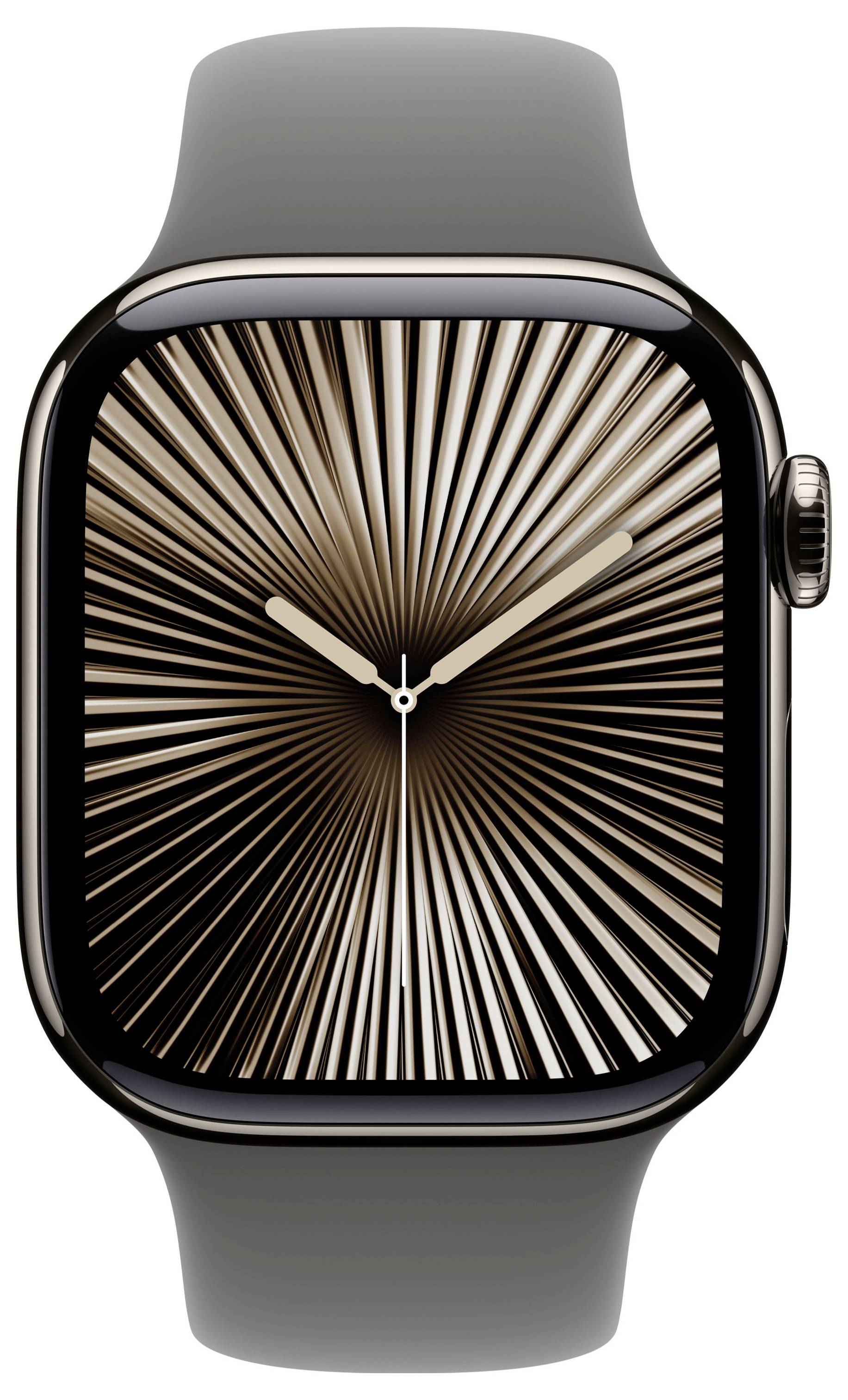 Smartwatch mit schwarzem Armband und dynamischem Zifferblatt, das radial verläuft und beige Linien aus einem zentralen Punkt zeigt.