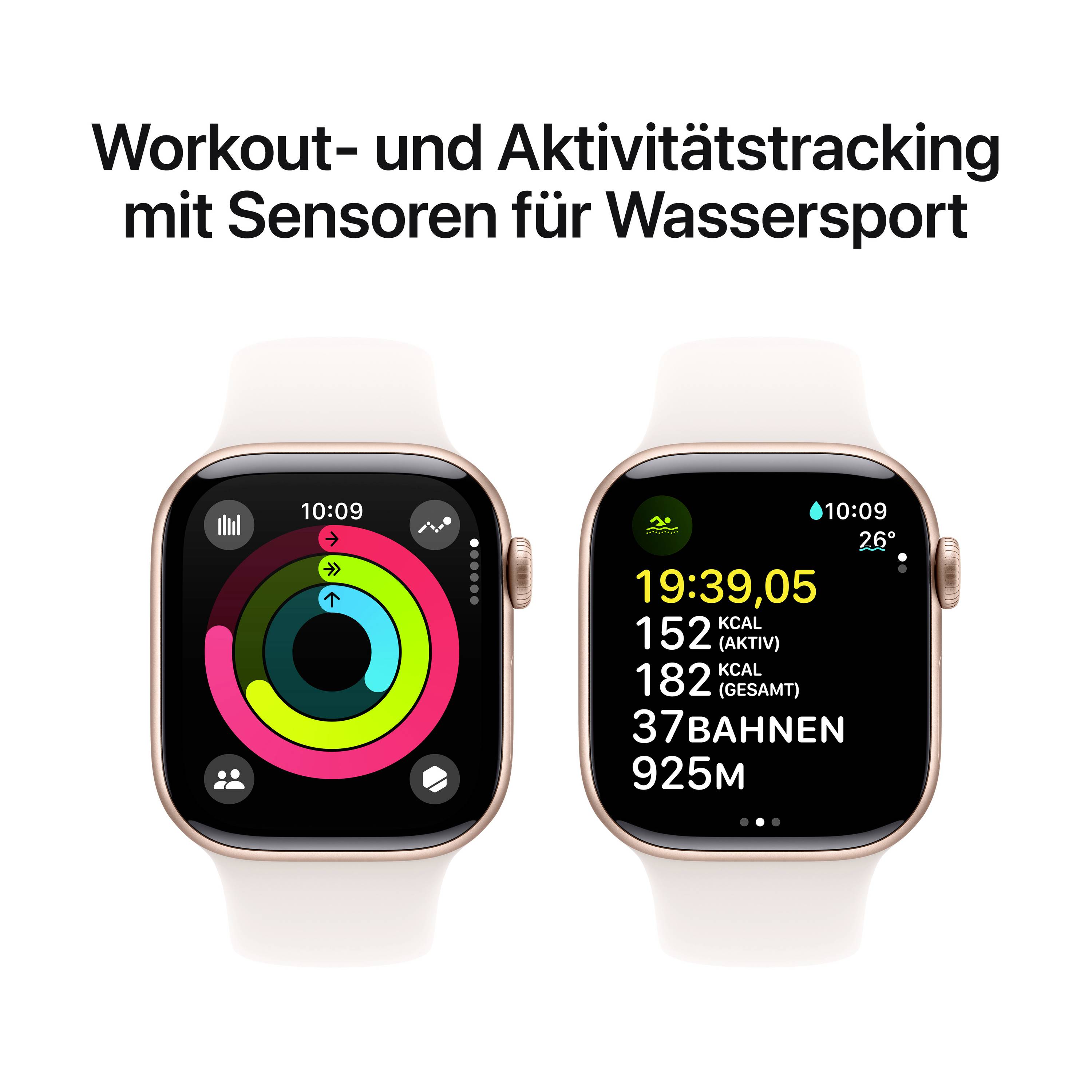 Zwei Smartwatches zeigen Fitness- und Wassersportdaten. Links: bunte Ringe für Kalorien und Aktivität. Rechts: Schwimmzeit, Kalorien, Bahnen und Distanz.