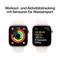 Zwei Smartwatches zeigen Fitness- und Wassersportdaten. Links: bunte Ringe für Kalorien und Aktivität. Rechts: Schwimmzeit, Kalorien, Bahnen und Distanz.