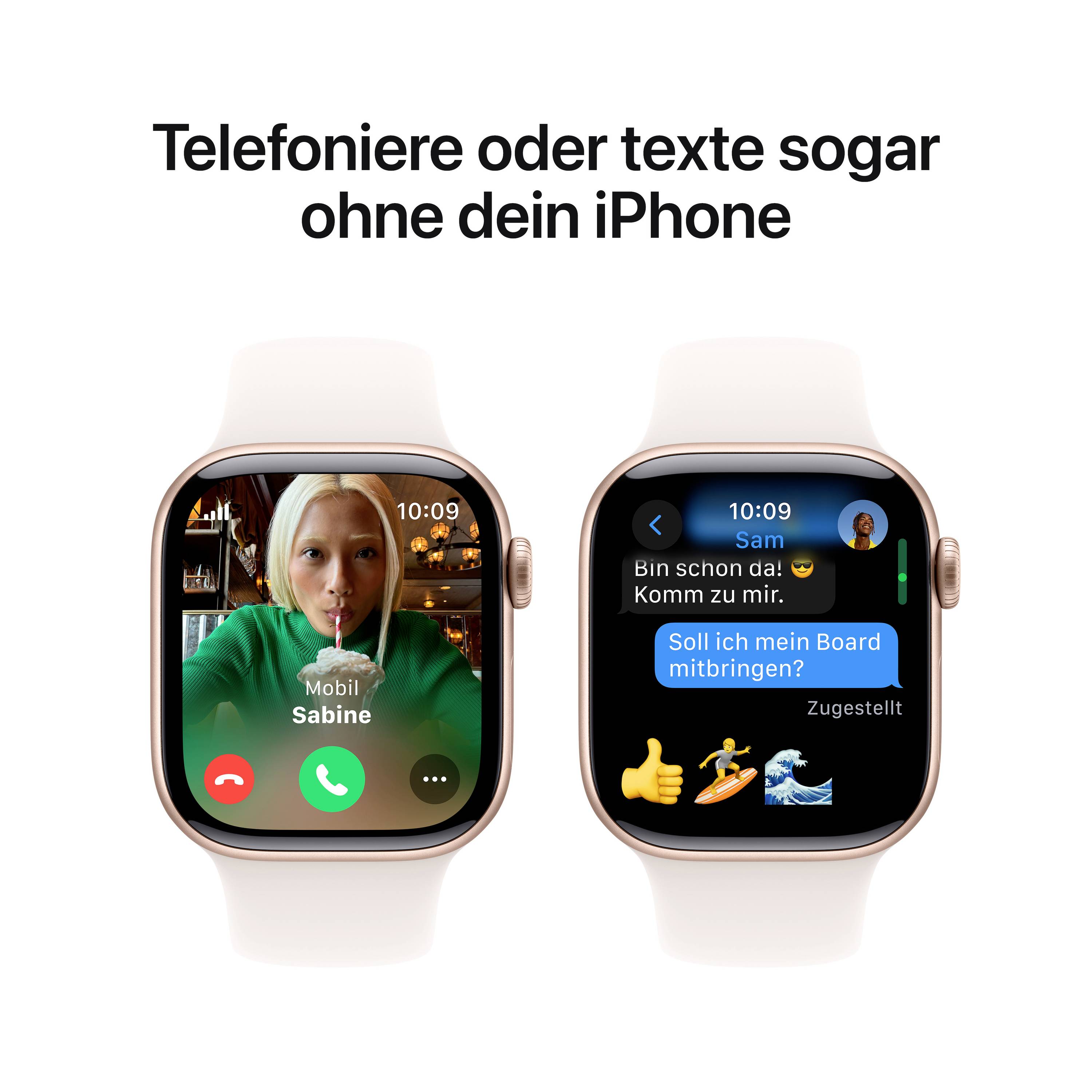'Zwei Smartwatches zeigen ein Videoanruf-Bild mit einer Frau und eine Textnachricht-Konversation. Überschrift: Telefonieren oder texte sogar ohne dein iPhone.'