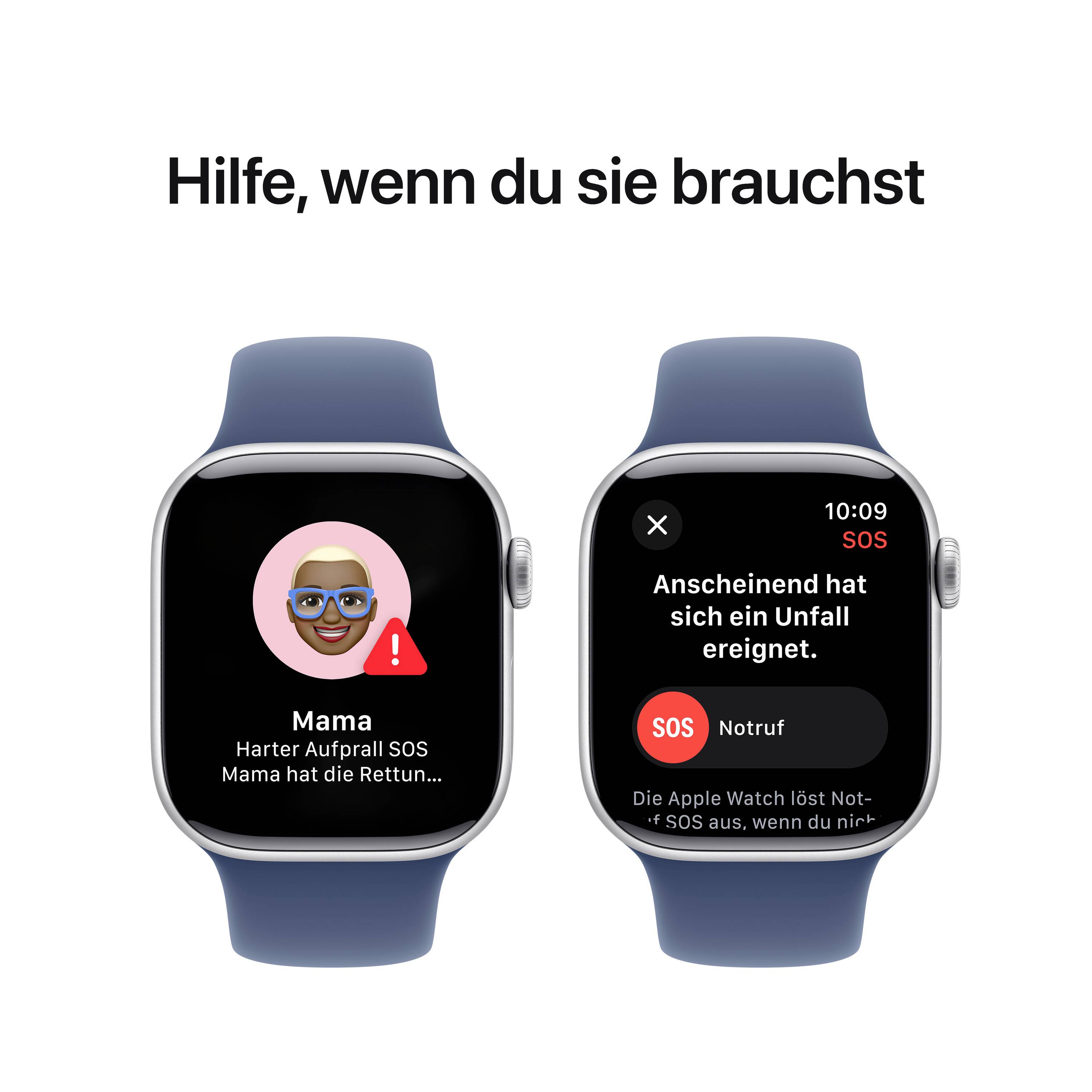 Zwei Smartwatches zeigen einen Notfallbildschirm. Links: 'Mama: Harter Aufprall SOS, Mama hat die Rettung kontaktiert'. Rechts: Notfallbenachrichtigung 'Anscheinend hat sich ein Unfall ereignet'.