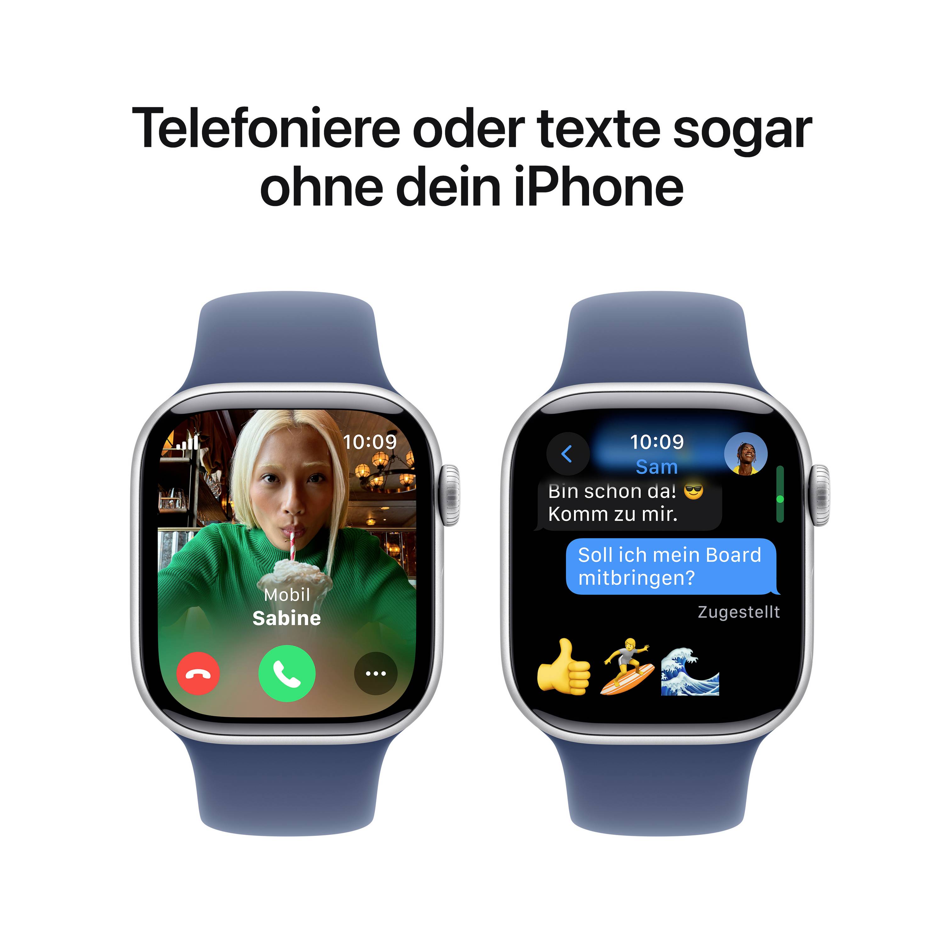 Zwei Smartwatches mit blauen Armbändern. Links: Videotelefonieranruf mit 'Sabine'. Rechts: Chatnachricht mit 'Sam'. Text oben: 'Telefonieren oder texte sogar ohne dein iPhone'.