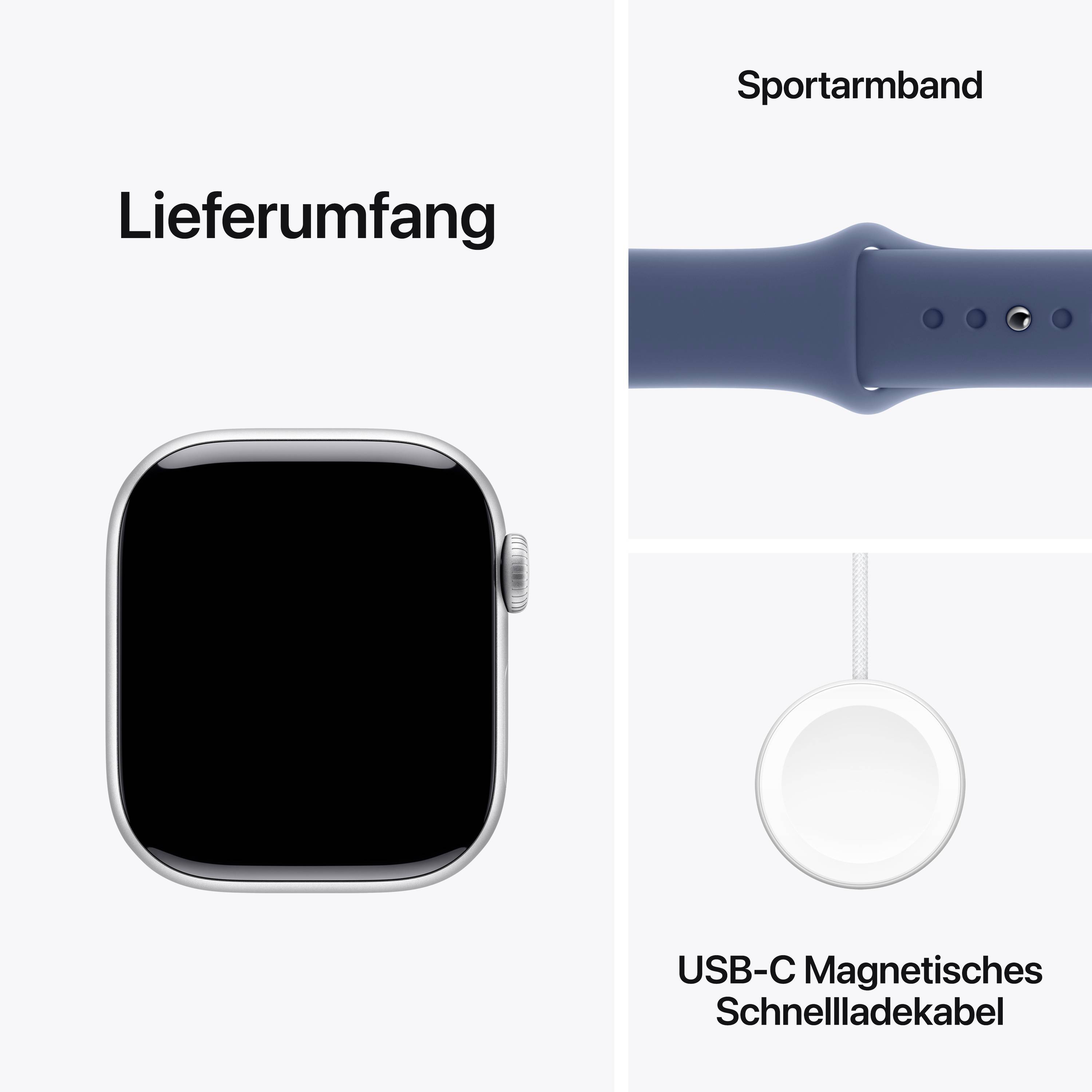 'Lieferumfang: Smartwatch mit Sportarmband, USB-C Magnetisches Schnellladekabel.'