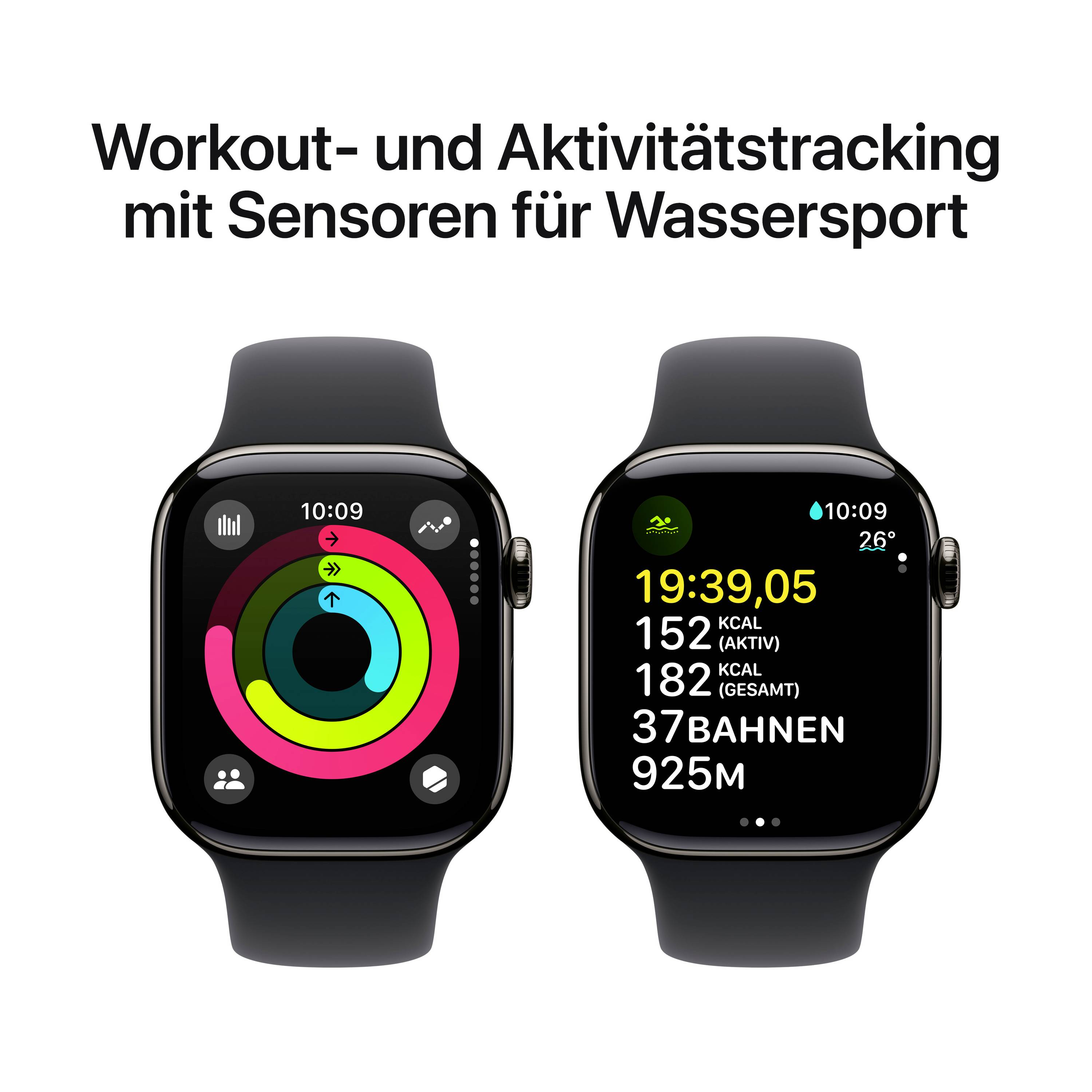 Zwei Smartwatches mit Fitness-Tracking-Apps; erste zeigt Aktivitätsringe, zweite misst Kalorienverbrauch und Schwimmdistanz.