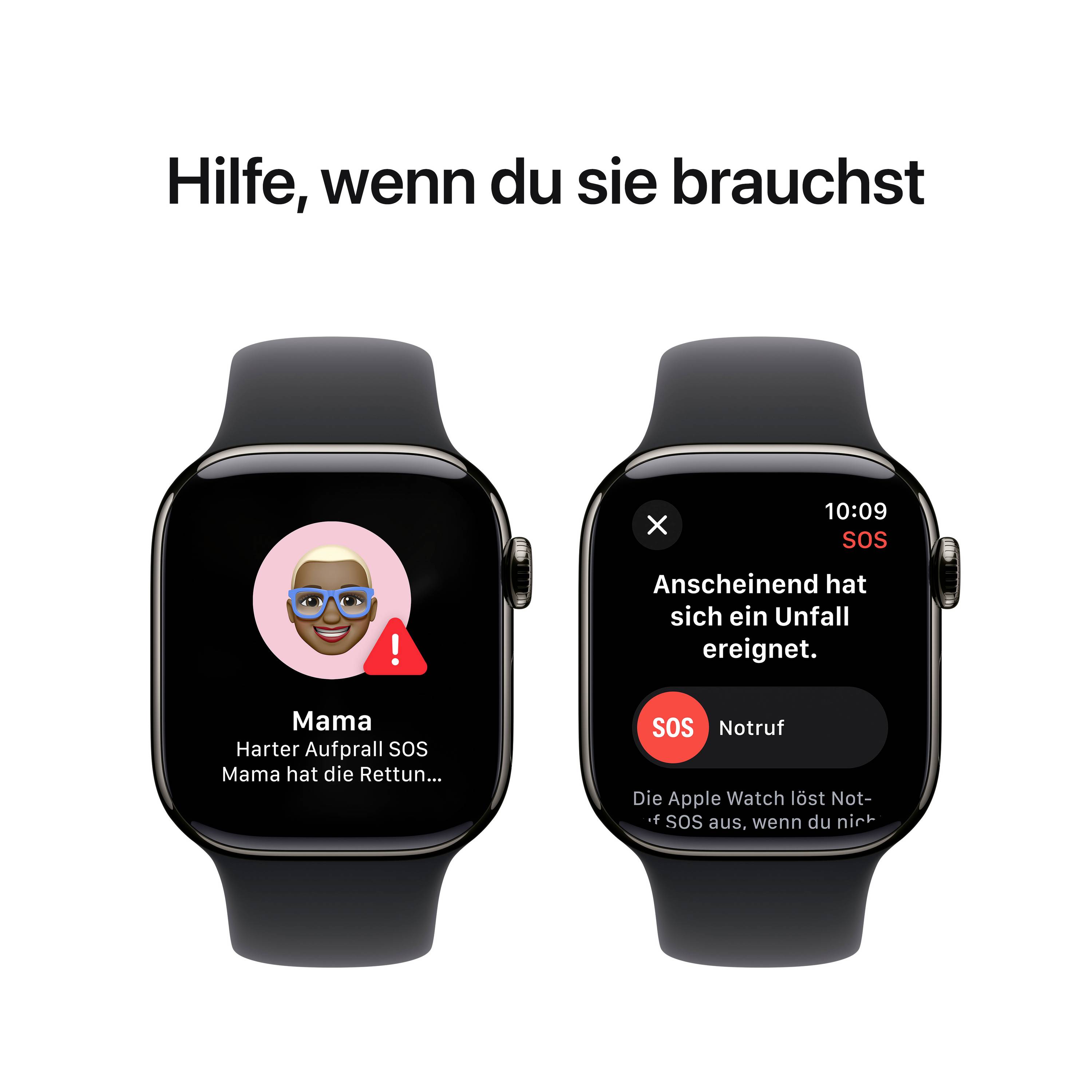 'Zwei Smartwatch-Displays: links zeigt Anruf bei Mama mit SOS; rechts Nachricht: "Anscheinend hat sich ein Unfall ereignet." Uhrzeit 10:09.'