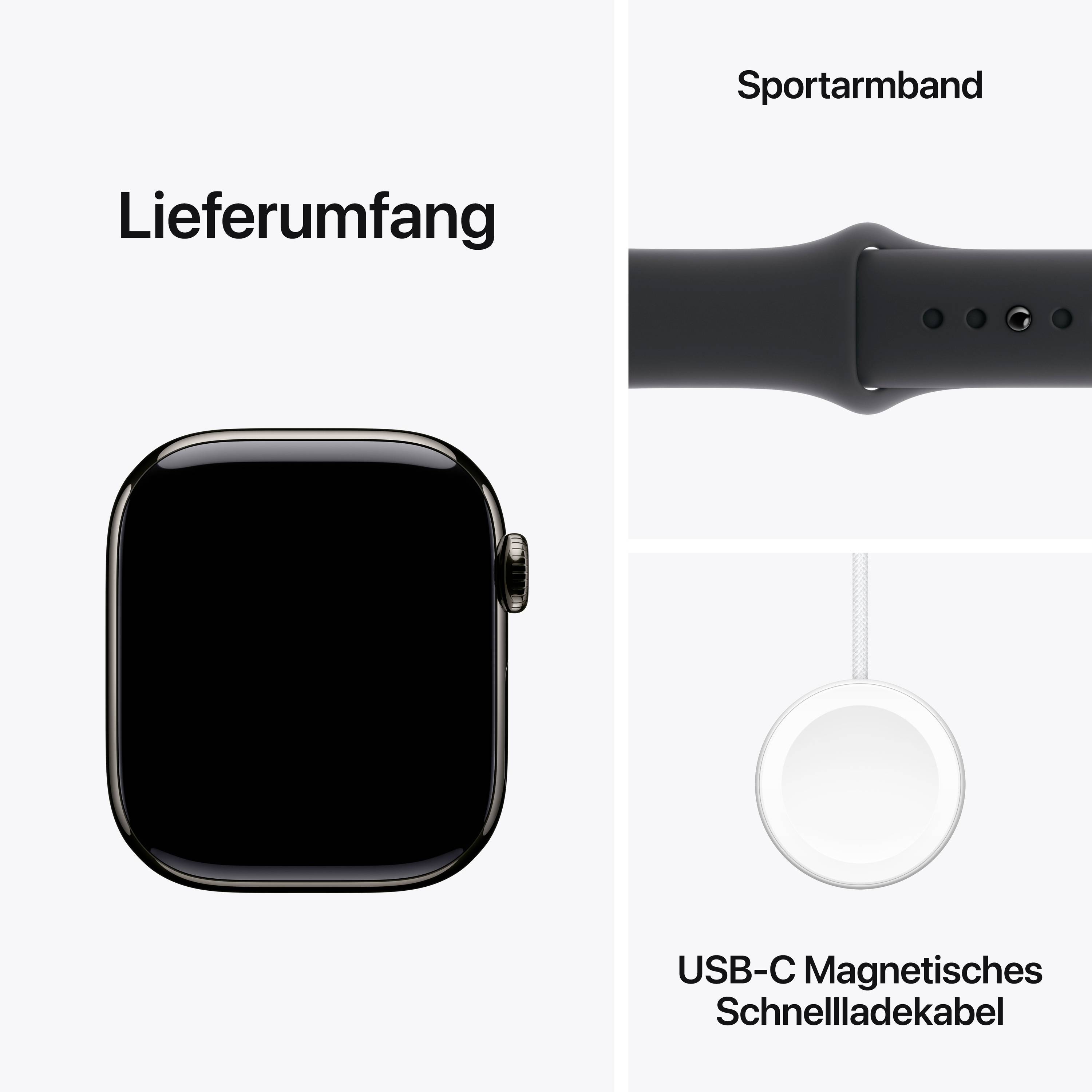 Lieferumfang: Abbildung einer Smartwatch, ein schwarzes Sportarmband und ein USB-C Magnetisches Schnellladekabel.