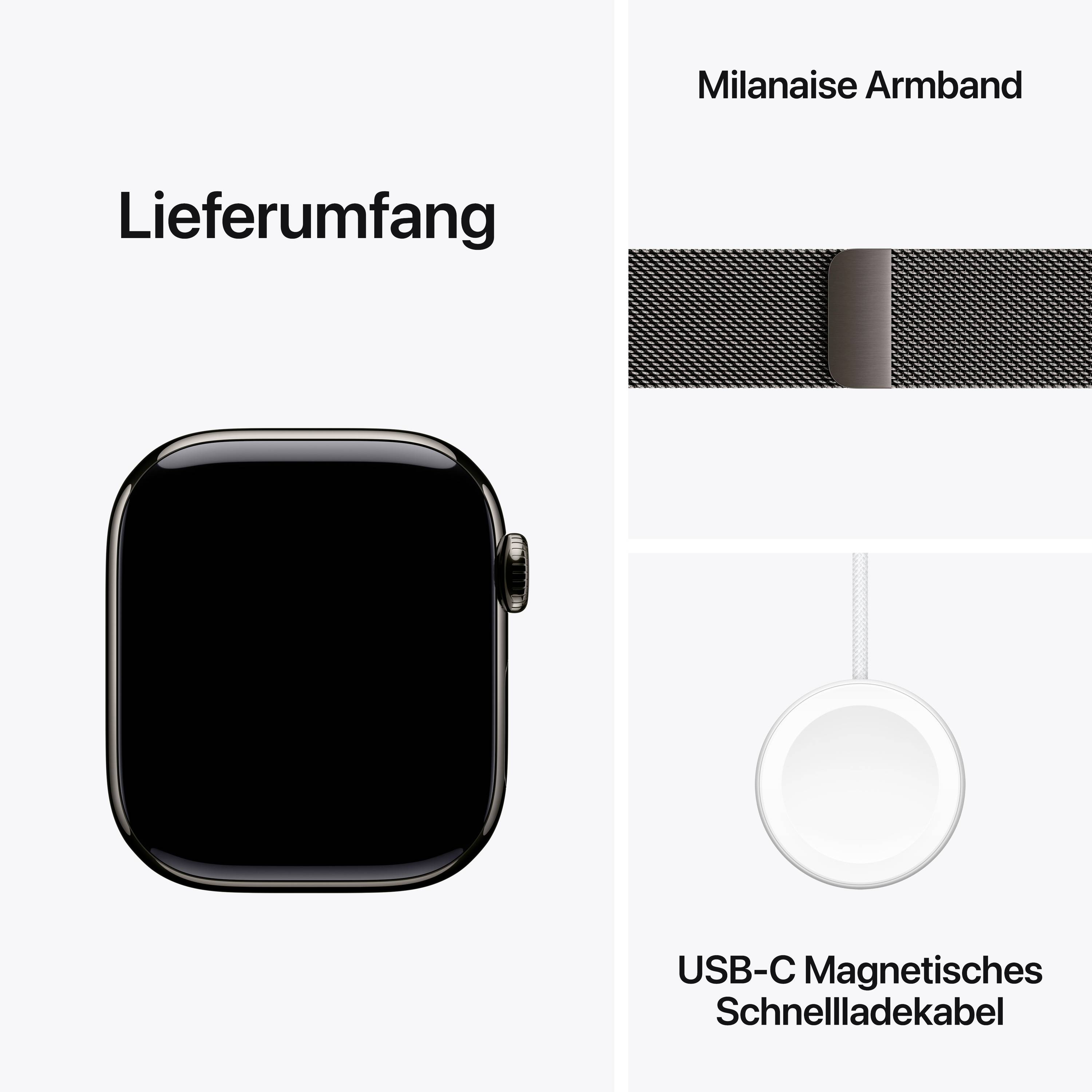 'Lieferumfang' zeigt eine Smartwatch, ein Milanaise Armband und ein USB-C magnetisches Schnellladekabel.
