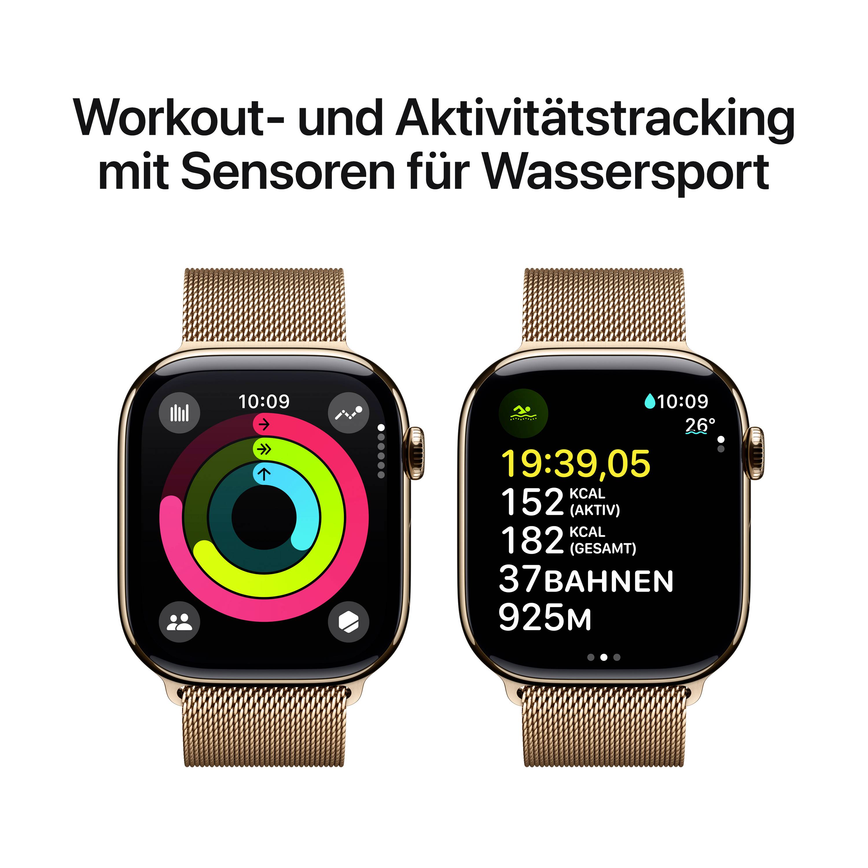 Zwei Smartwatch-Bildschirme zeigen Fitness- und Wassersport-Trackingdaten. Links: Aktivitätsringe. Rechts: Kalorien, Bahnen, Distanz.