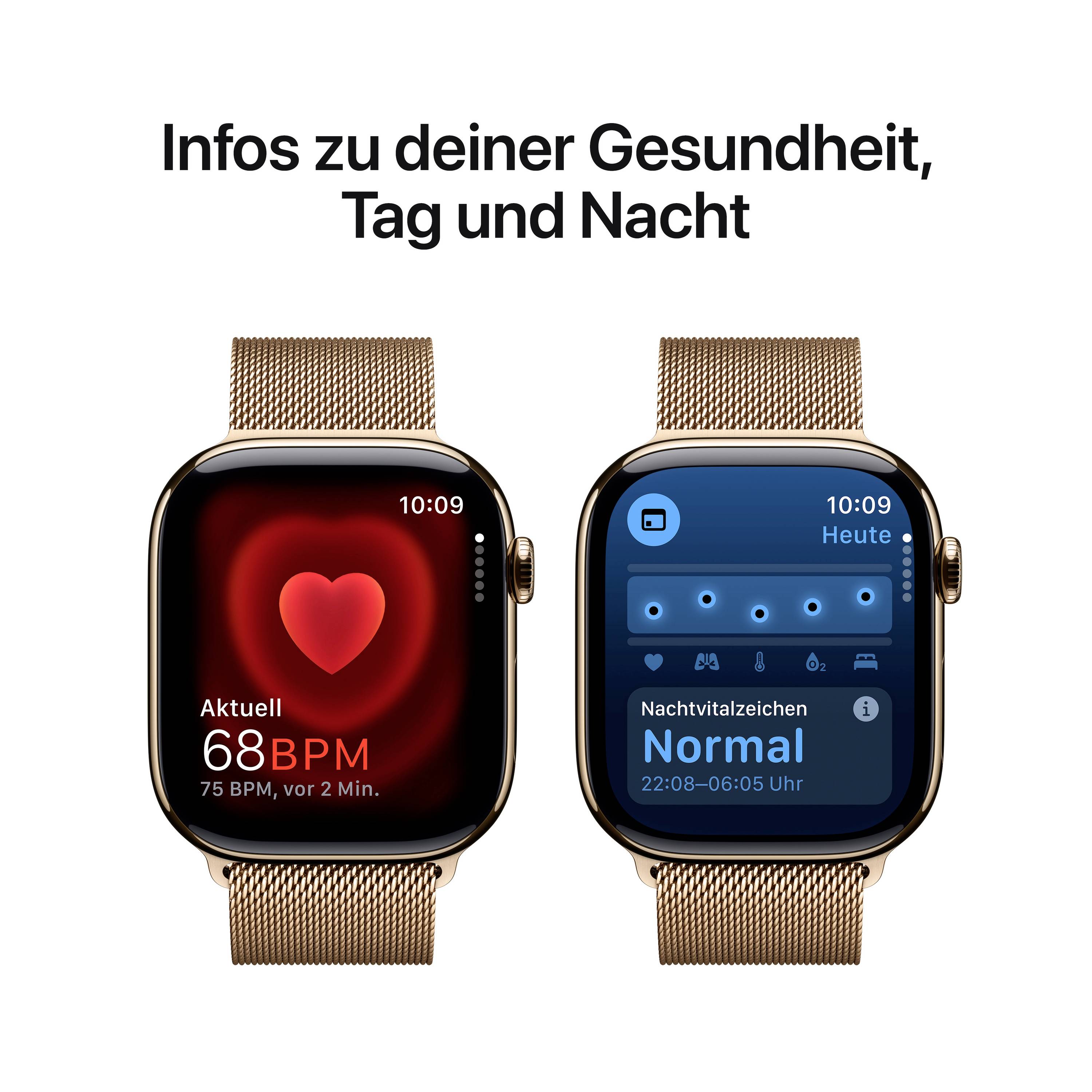 Zwei Smartwatches mit Herzfrequenzanzeige: Links 68 BPM in Rot mit Herzsymbol, rechts Normalwert in Blau. Text oben: 'Infos zu deiner Gesundheit, Tag und Nacht'.