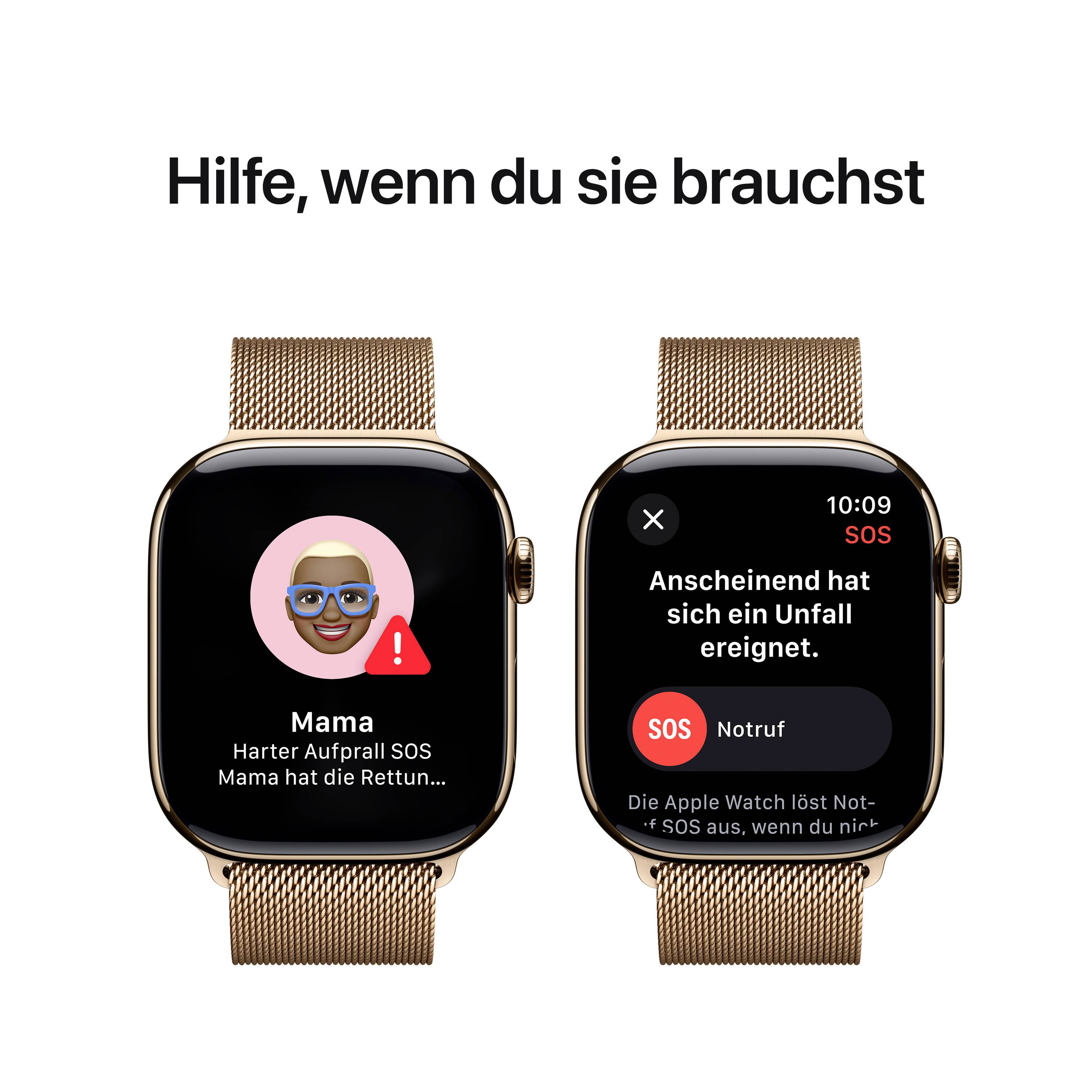 Zwei Smartwatches zeigen eine SOS-Funktionen. Links: 'Mama, harter Aufprall SOS'. Rechts: Text 'Anscheinend hat sich ein Unfall ereignet'.