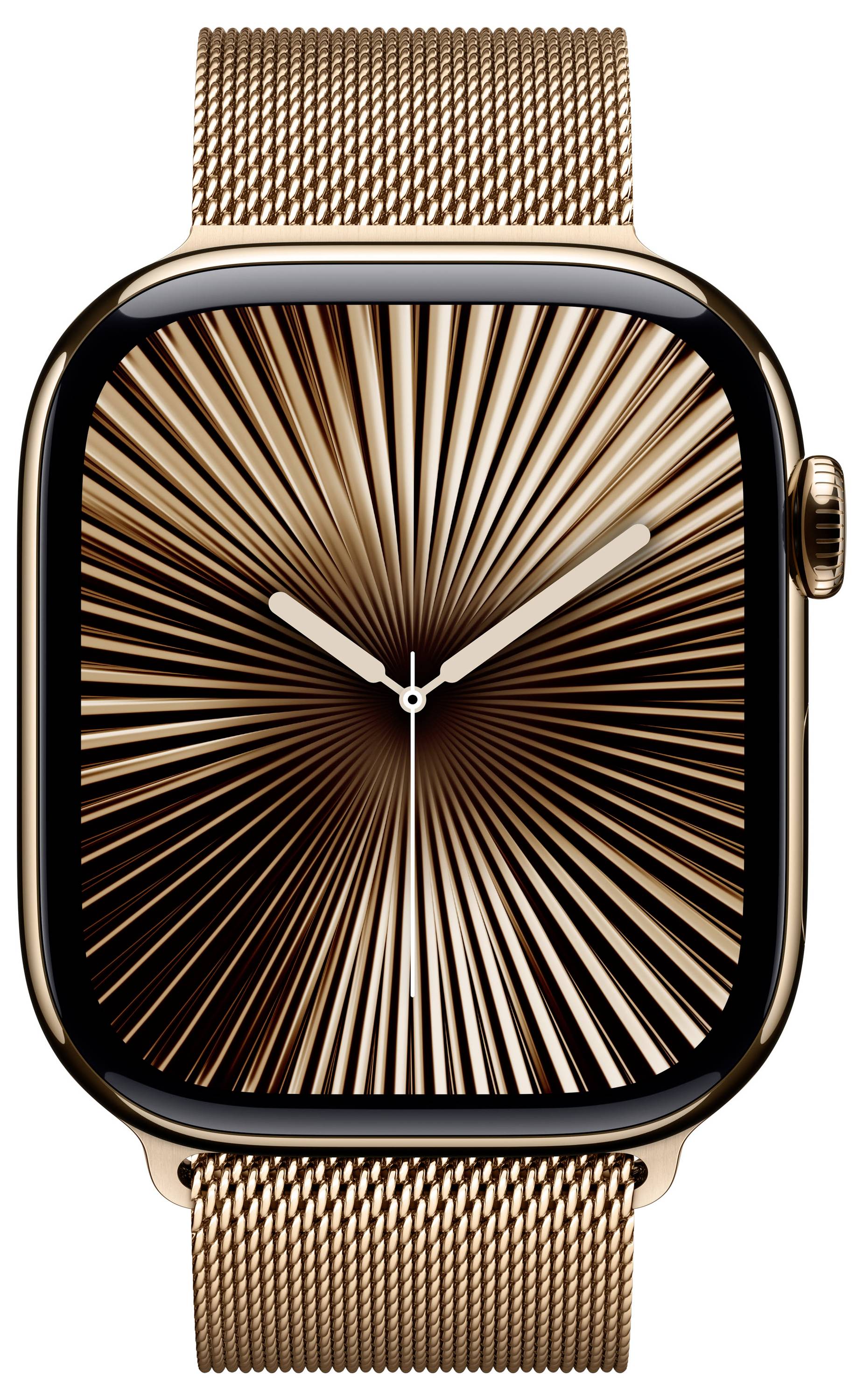 Goldene Smartwatch mit abstraktem Zifferblattdesign und goldfarbenem Metallarmband, modernes und elegantes Design.