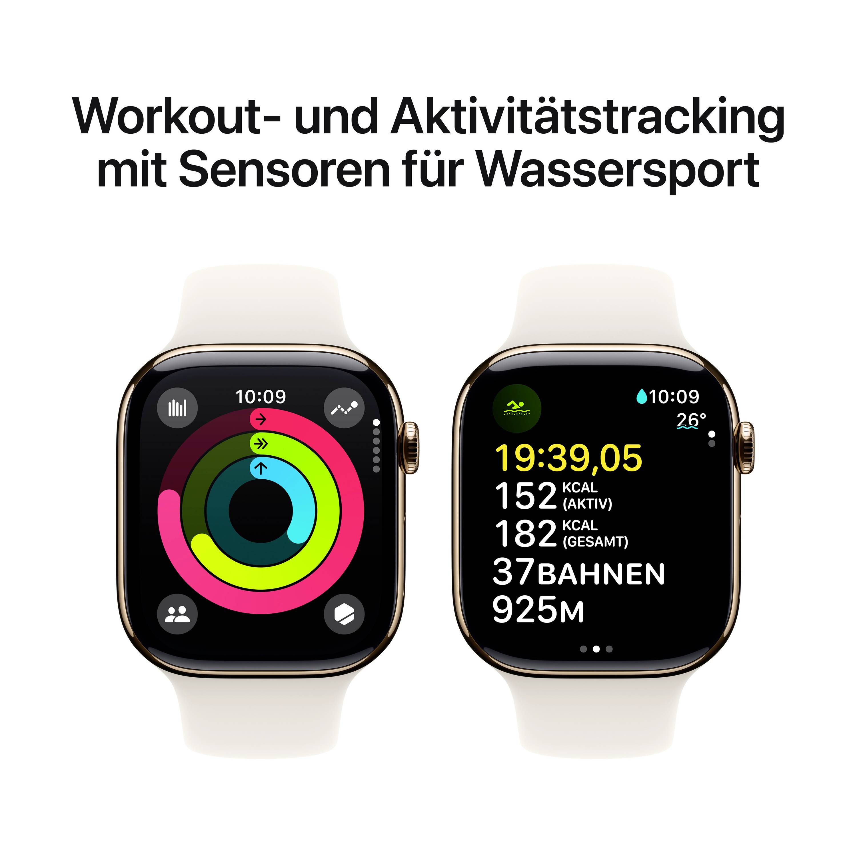 'Zwei Smartwatch-Bildschirme mit verschiedenem Workout-Tracking: Aktivitätsringe links, Wassersportdaten rechts (Zeit, Kalorien, Bahnen).'