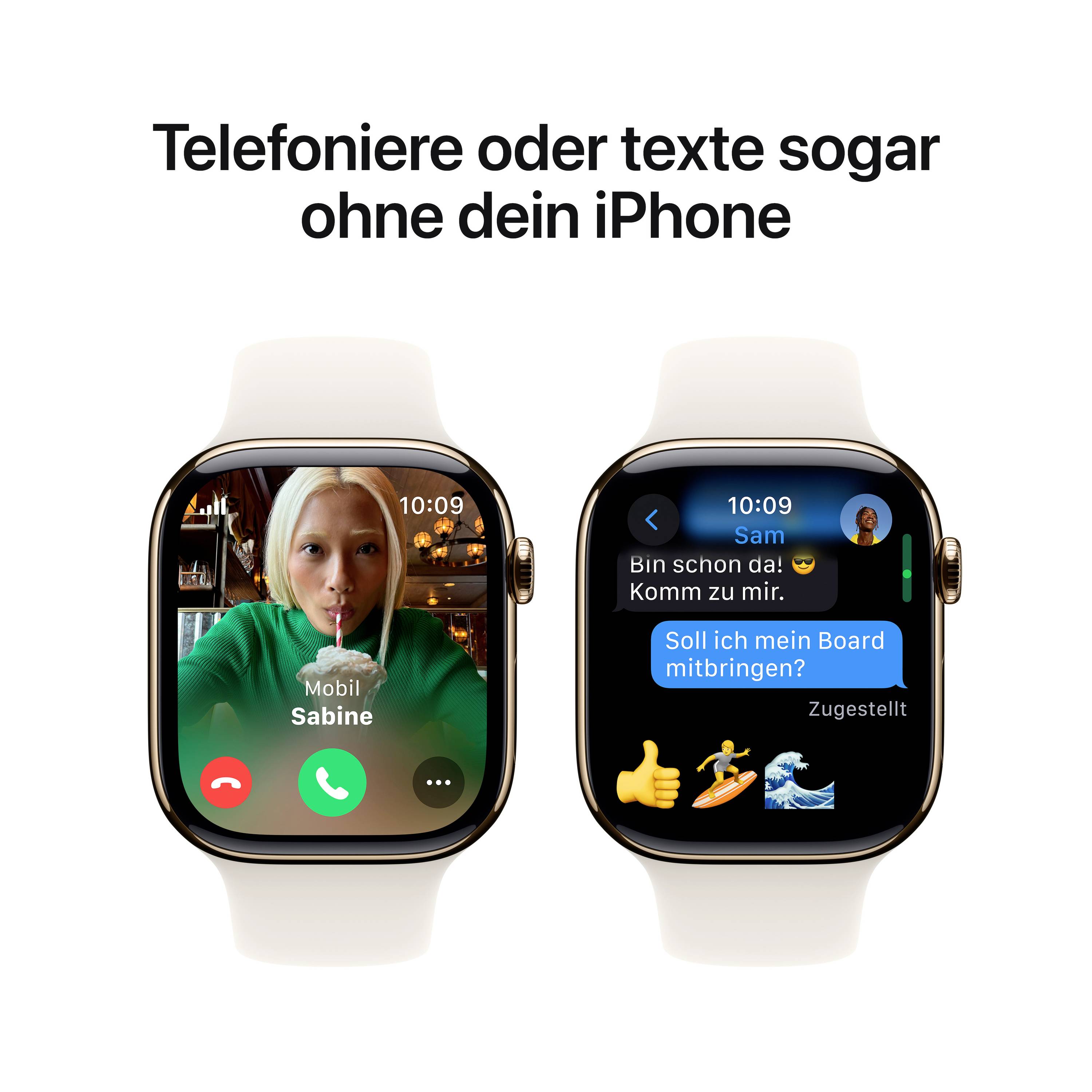 Zwei Smartwatches zeigen verschiedene Kommunikationsfunktionen. Links: Aktiver Anrufbildschirm. Rechts: Nachrichtenbildschirm mit Textkonversation.
