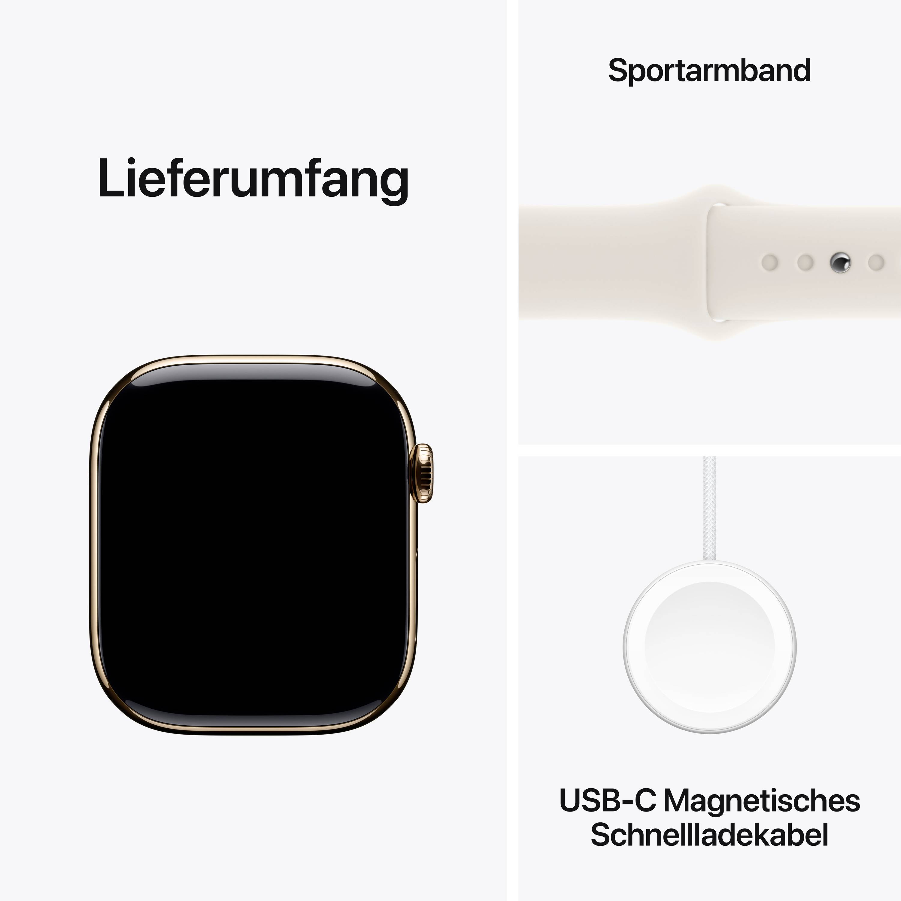 'Lieferumfang' zeigt eine Smartwatch, ein Sportarmband und ein USB-C Magnetisches Schnellladekabel.