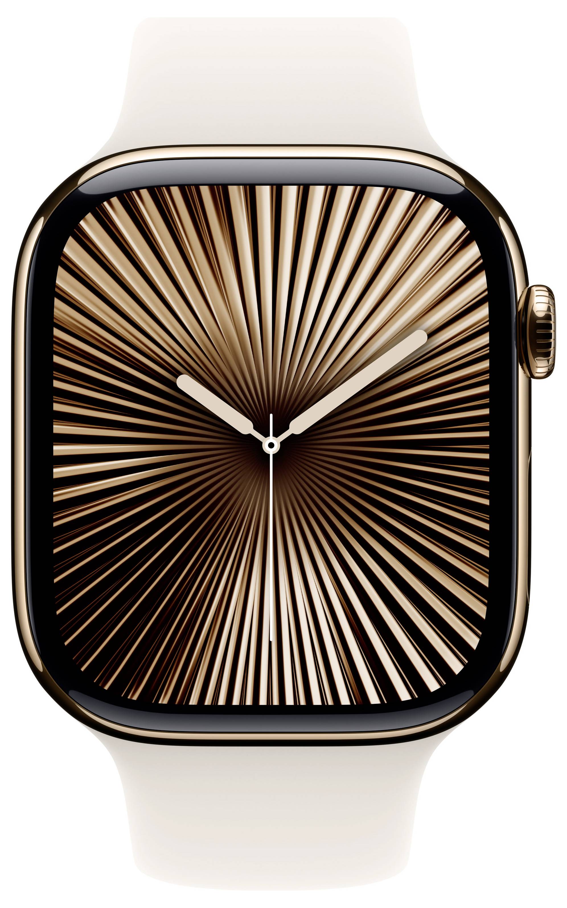 Smartwatch mit einem goldenen Zifferblatt, das ein radiales Streifenmuster zeigt, goldfarbenes Gehäuse und weißes Armband.