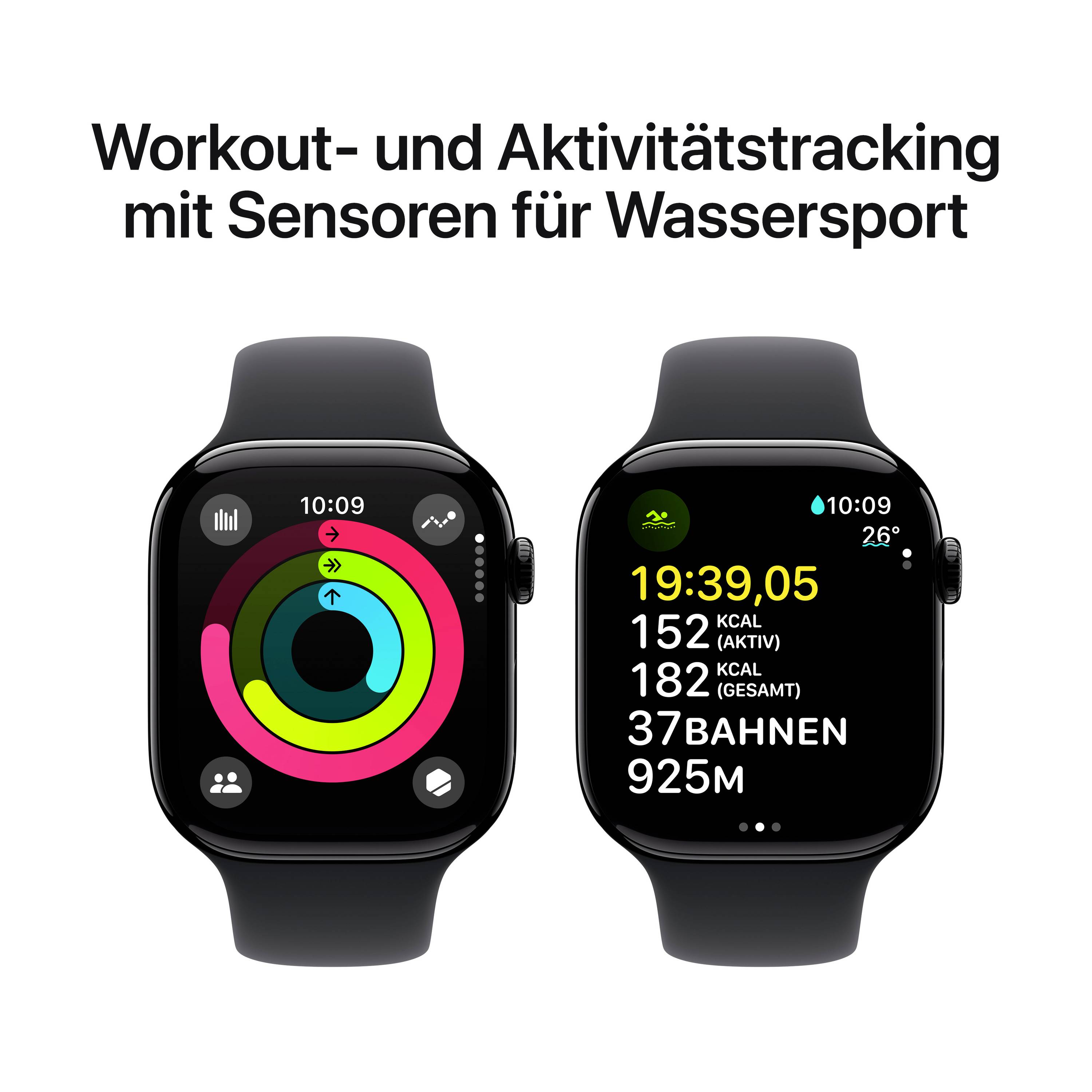 Zwei Smartwatch-Displays: links ein Aktivitätsring für Fitnessziele, rechts ein Schwimmmodus mit Zeit, Kalorien, Bahnen und Distanz.