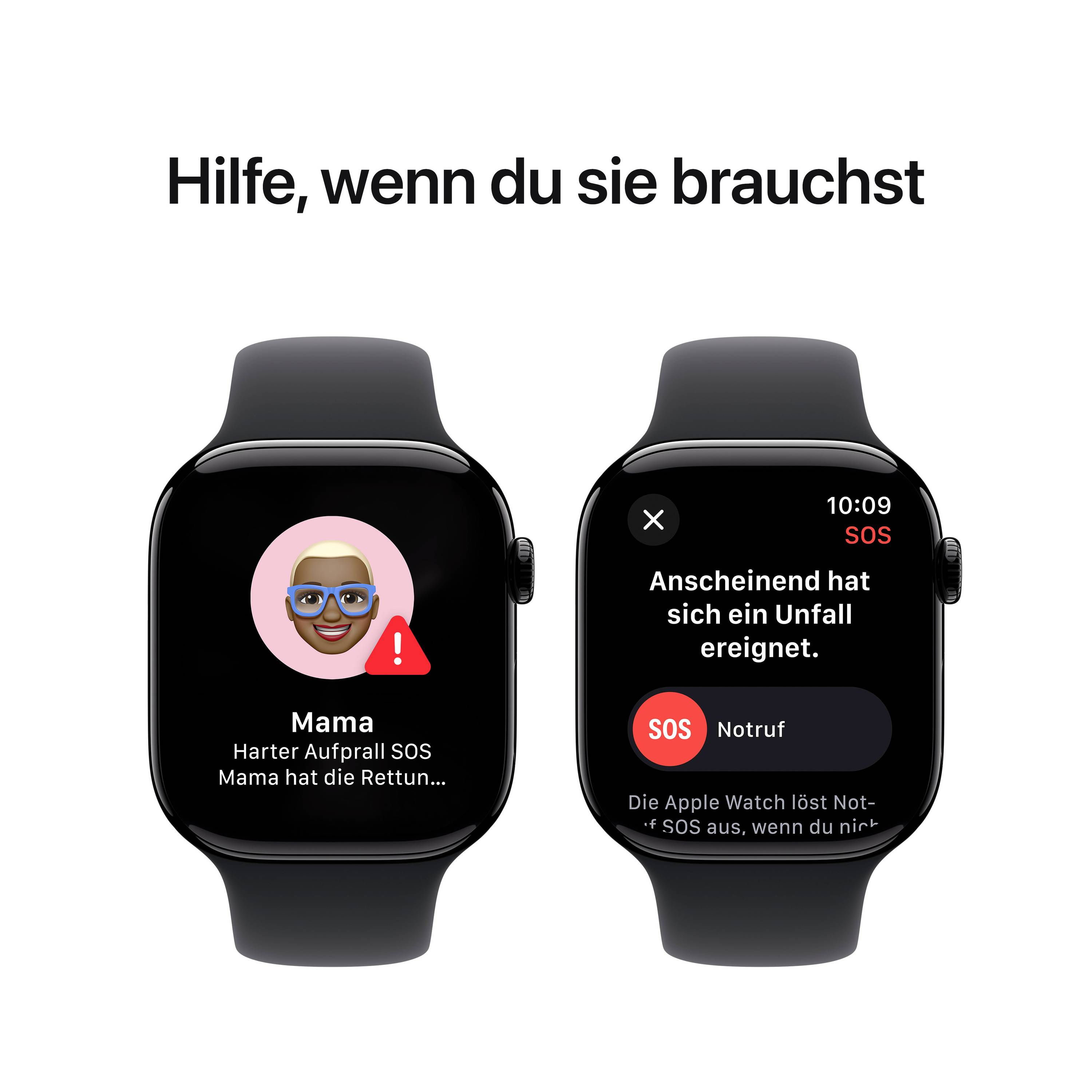 Zwei Smartwatch-Bildschirme zeigen eine SOS-Funktion: Einer alarmiert 'Mama', der andere meldet 'Unfall ereignet'. Text darüber: 'Hilfe, wenn du sie brauchst'.
